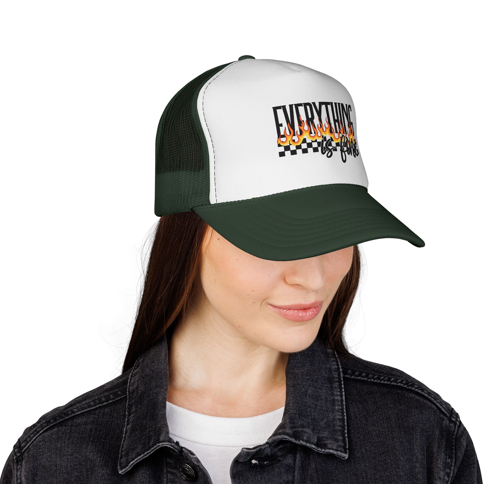 Everything Is Fine Trucker Cap — Retro Flames & Checkerboard Snapback