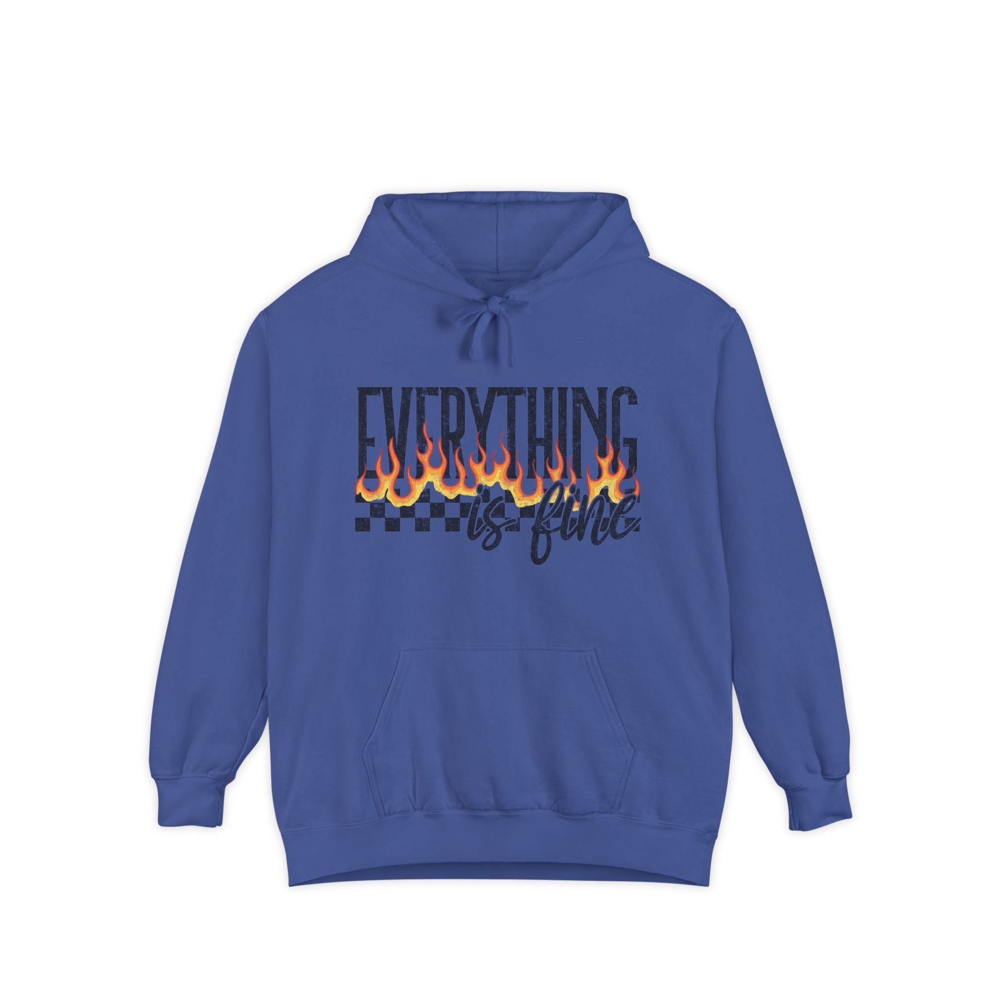 Everything Is Fine Hoodie — Retro Flame Checkerboard Graphic Pullover