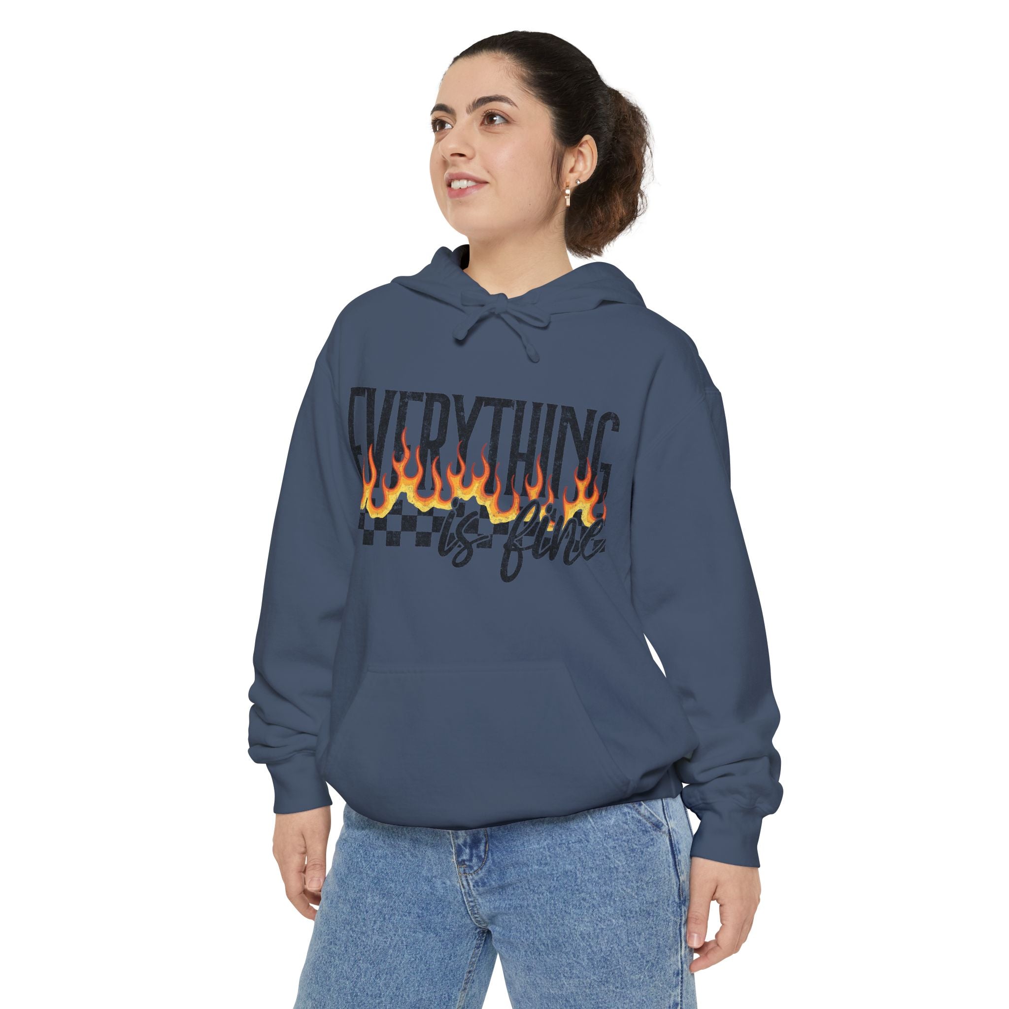 Everything Is Fine Hoodie — Retro Flame Checkerboard Graphic Pullover