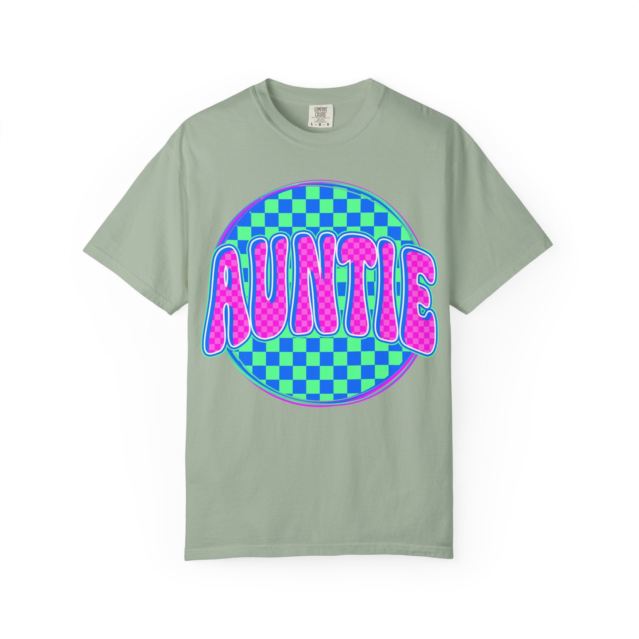 Auntie Checkerboard T-Shirt — Retro Neon 'AUNTIE' Graphic Tee