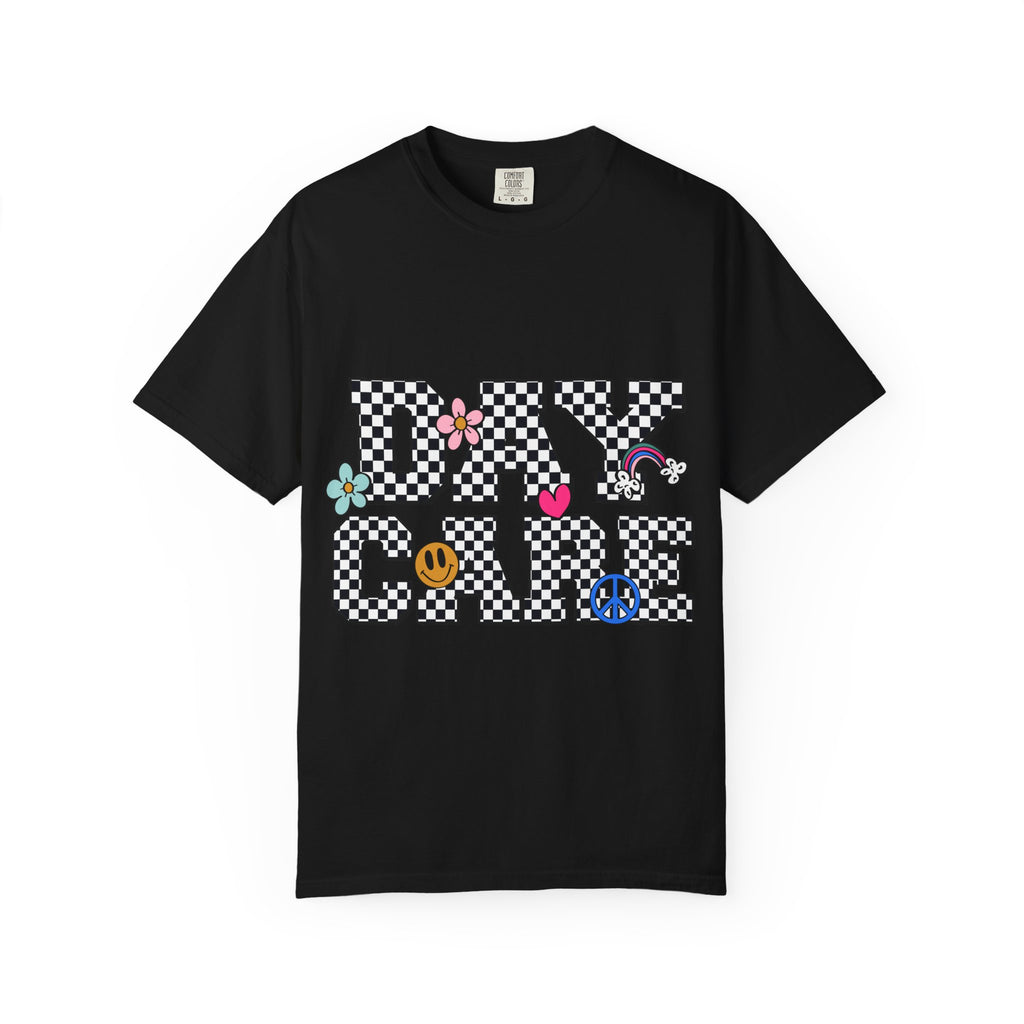 Day Care Checkerboard T‑Shirt — Playful Smiley & Floral Kids Graphic Tee