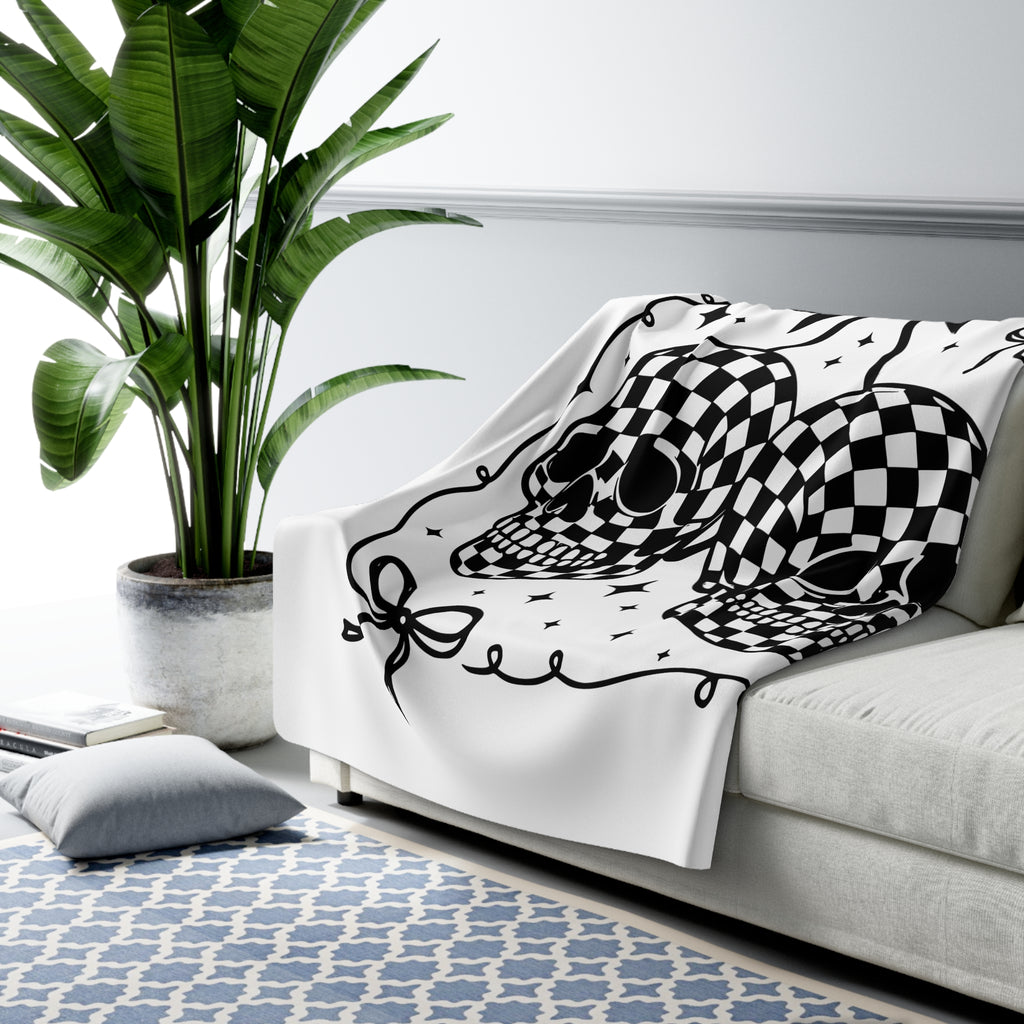 Checker Skull Sherpa Fleece Blanket — Black & White Gothic Cozy Throw