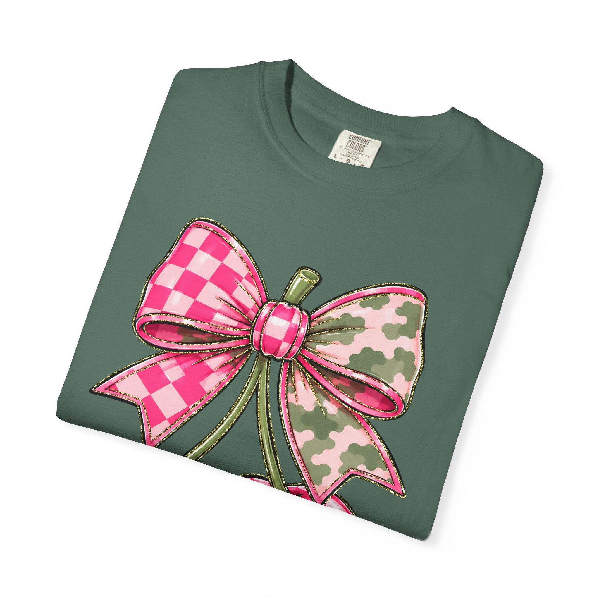 Pink Camo Checker Cherry Tee — Bow Graphic T-Shirt