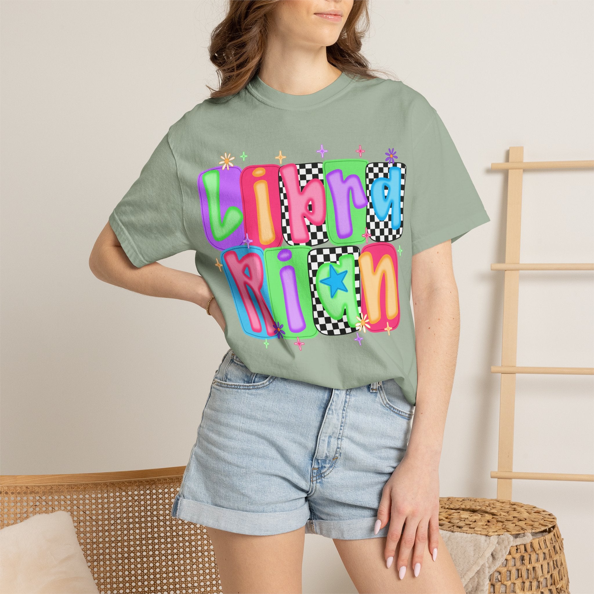 Librarian Retro Bubble Letter T-Shirt — Colorful Checkerboard Book Lover Tee
