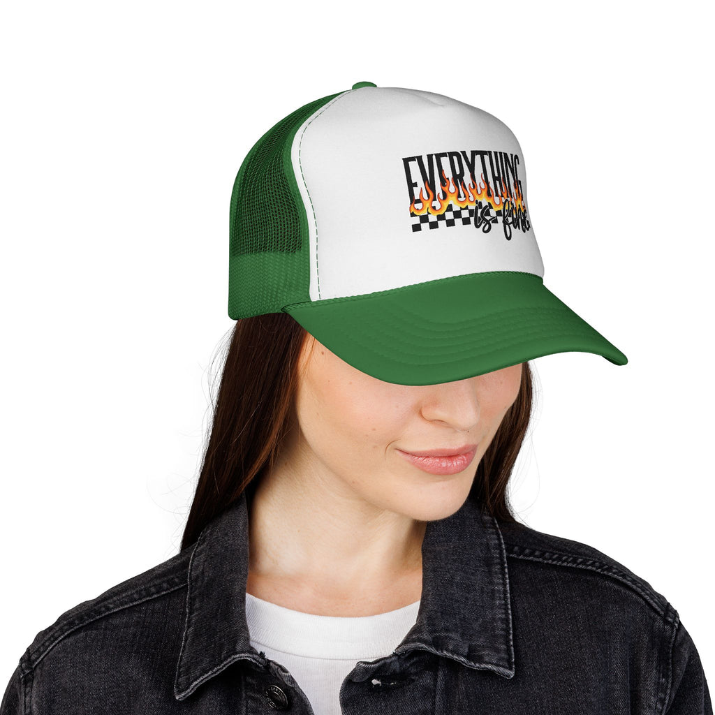 Everything Is Fine Trucker Cap — Retro Flames & Checkerboard Snapback