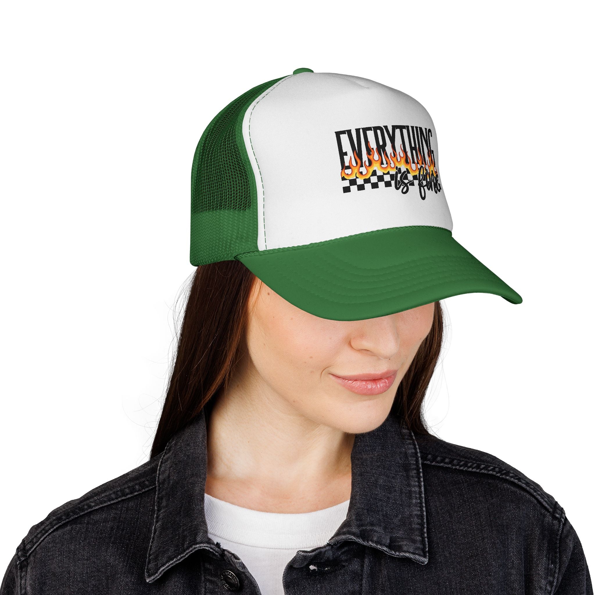 Everything Is Fine Trucker Cap — Retro Flames & Checkerboard Snapback