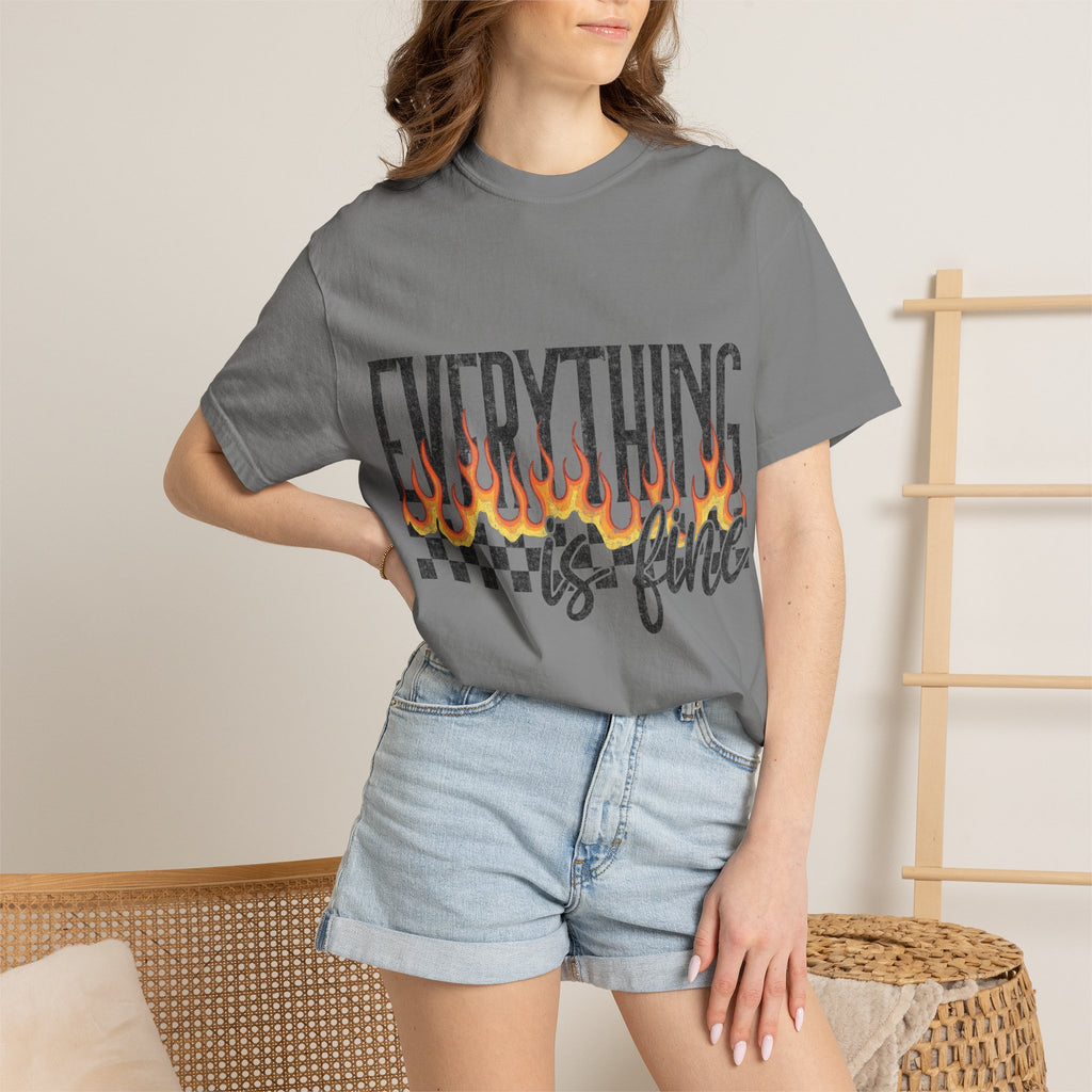 Everything Is Fine T-Shirt — Retro Flames & Checkerboard Graphic Tee