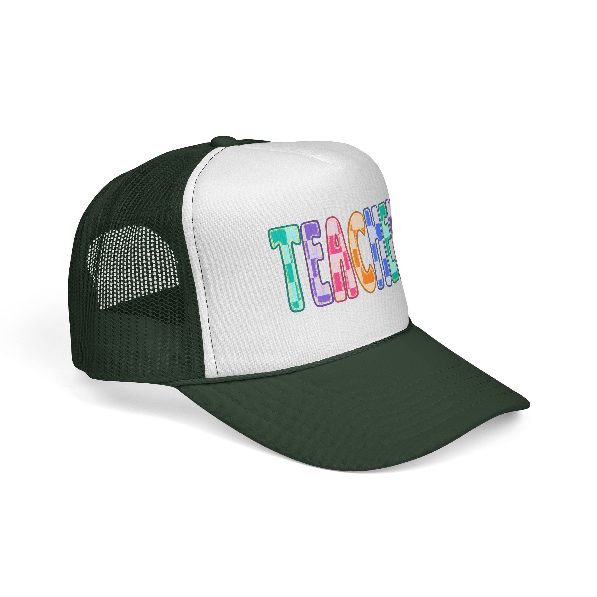 Teacher Trucker Hat — Colorful Patchwork Educator Cap