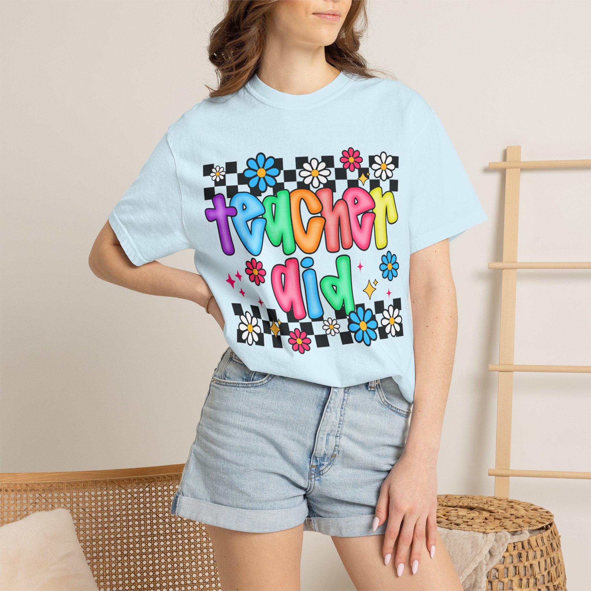 Teacher Aid T-Shirt — Colorful Retro Flower Checkerboard Design