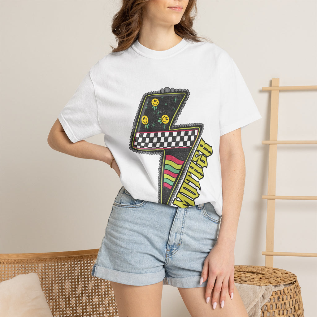 Lightning Bolt Graphic T‑Shirt — Retro Checker & Neon Stripe Design