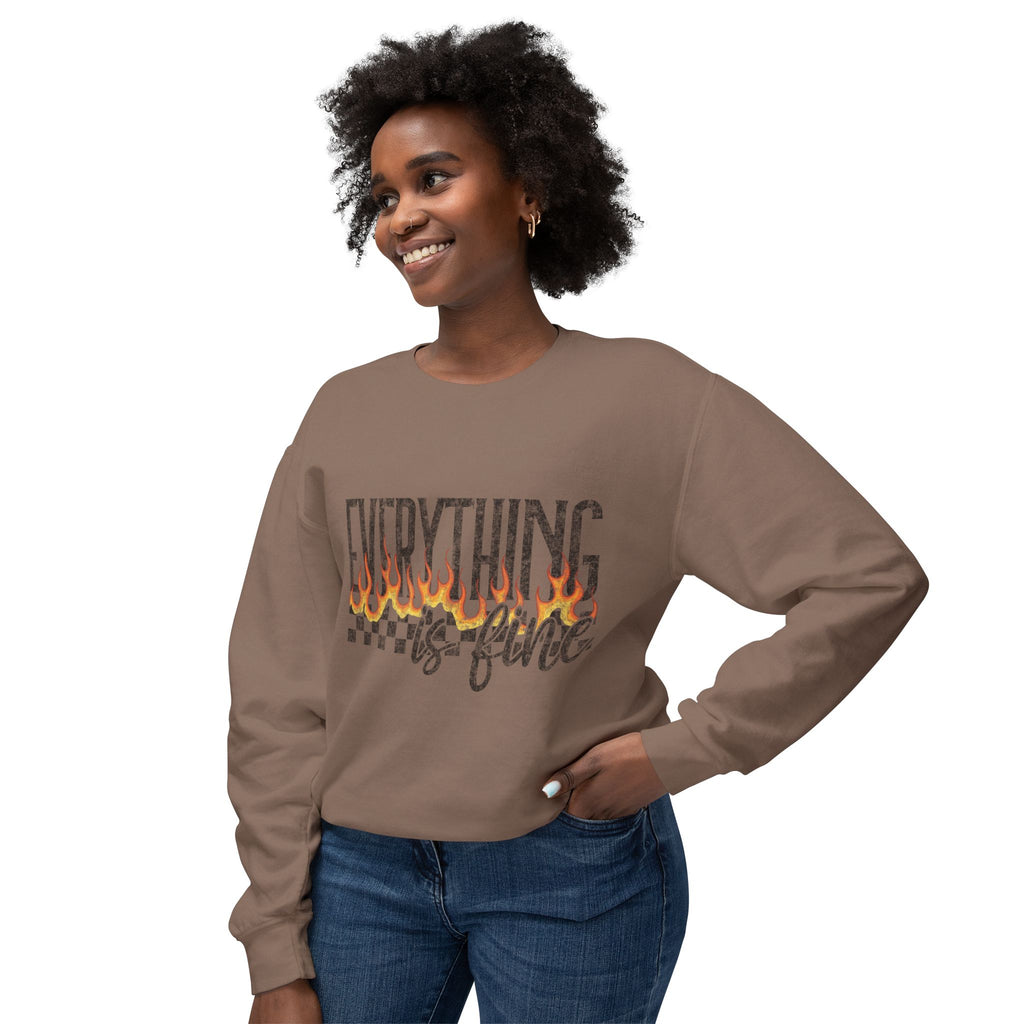 Everything Is Fine Crewneck Sweatshirt — Retro Flames & Checkered Graphic