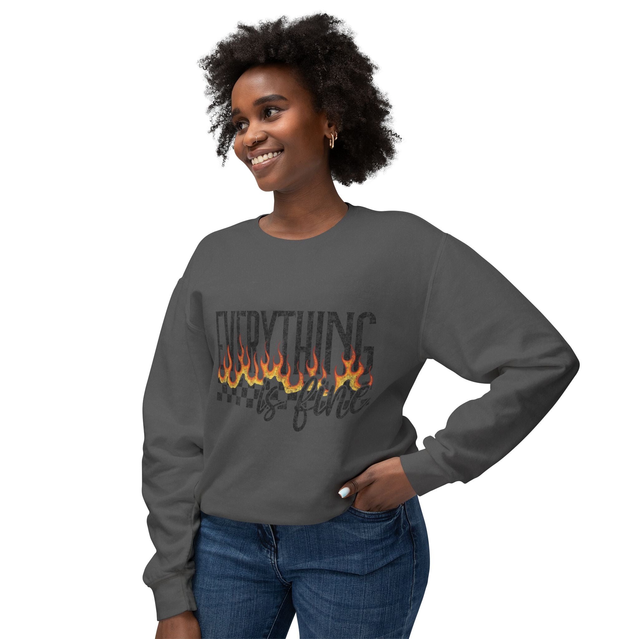 Everything Is Fine Crewneck Sweatshirt — Retro Flames & Checkered Graphic