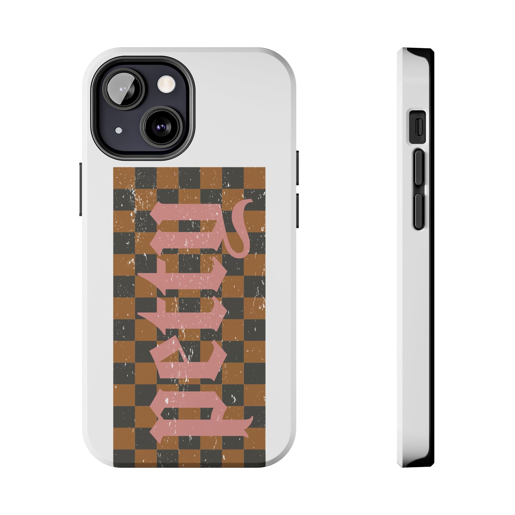 Checkerboard 'Tough' Retro Phone Case — Pink Gothic Text, Grunge Pattern