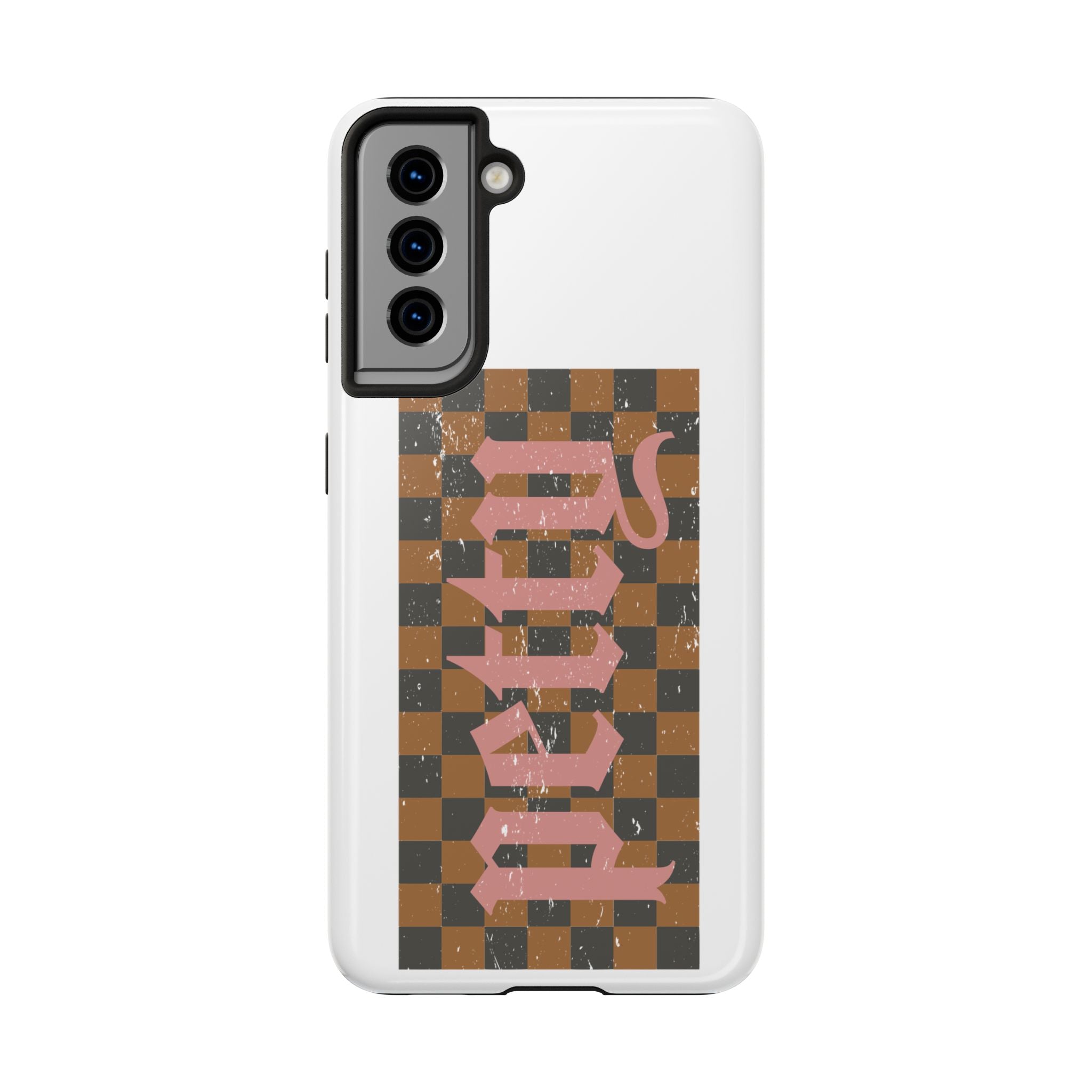 Checkerboard 'Tough' Retro Phone Case — Pink Gothic Text, Grunge Pattern