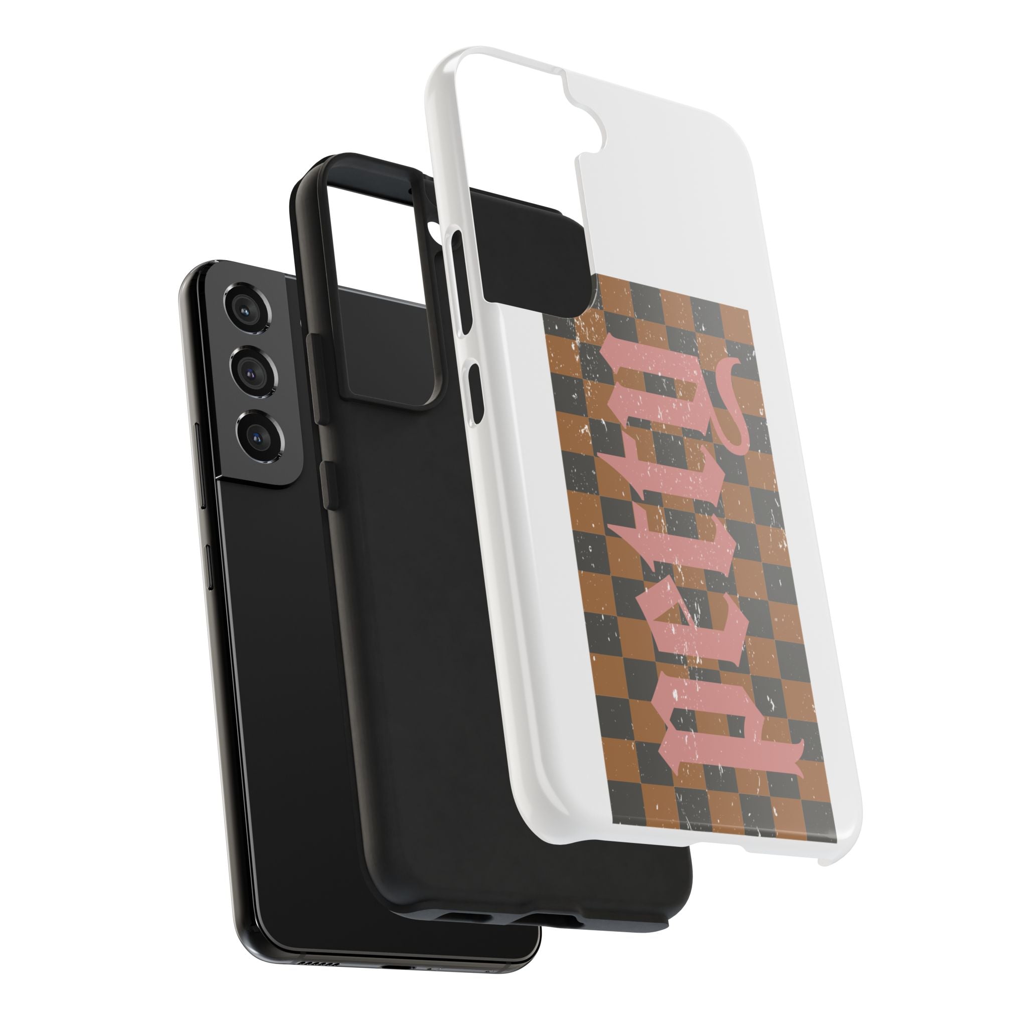 Checkerboard 'Tough' Retro Phone Case — Pink Gothic Text, Grunge Pattern