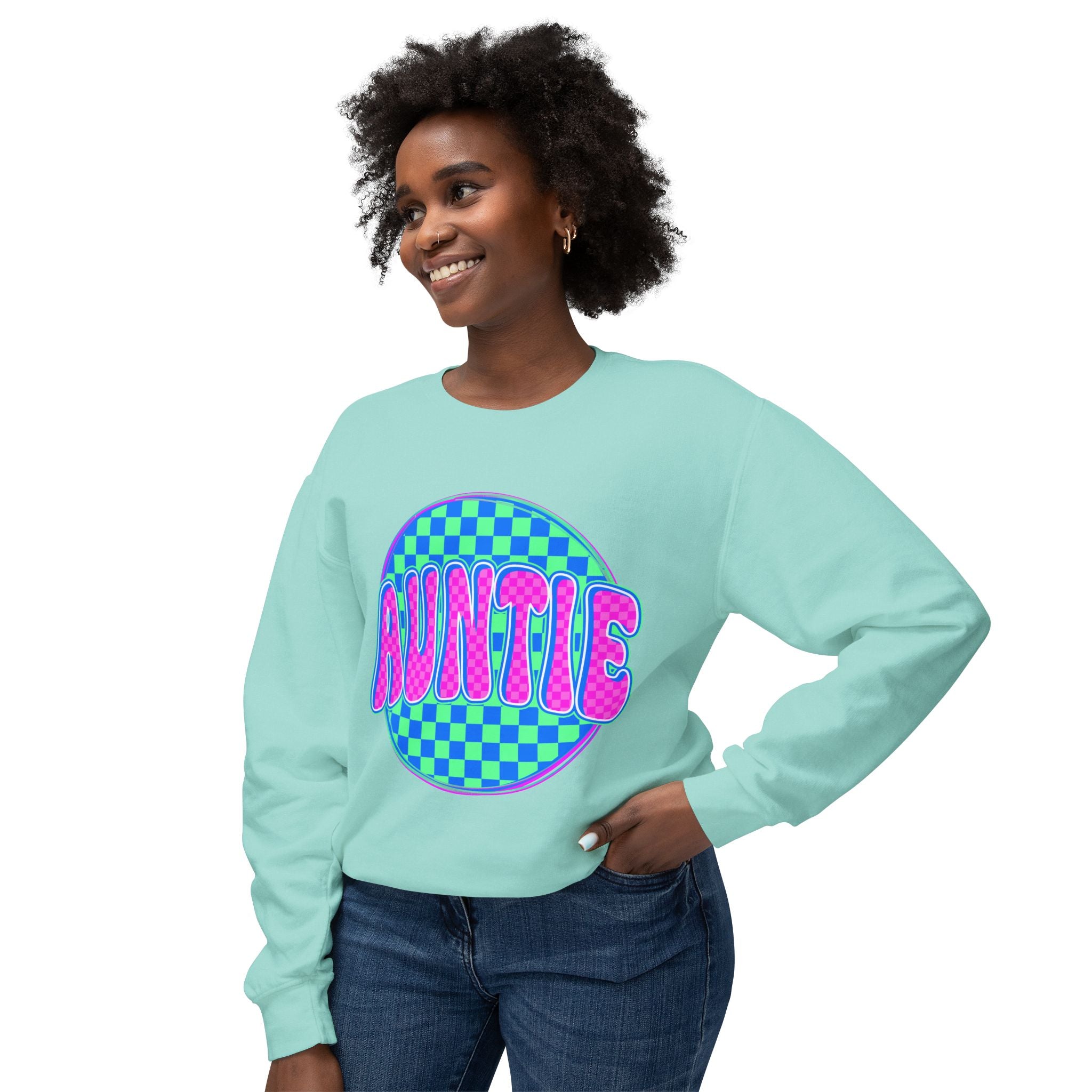 Auntie Graphic Sweatshirt — Retro Checkerboard Neon Design
