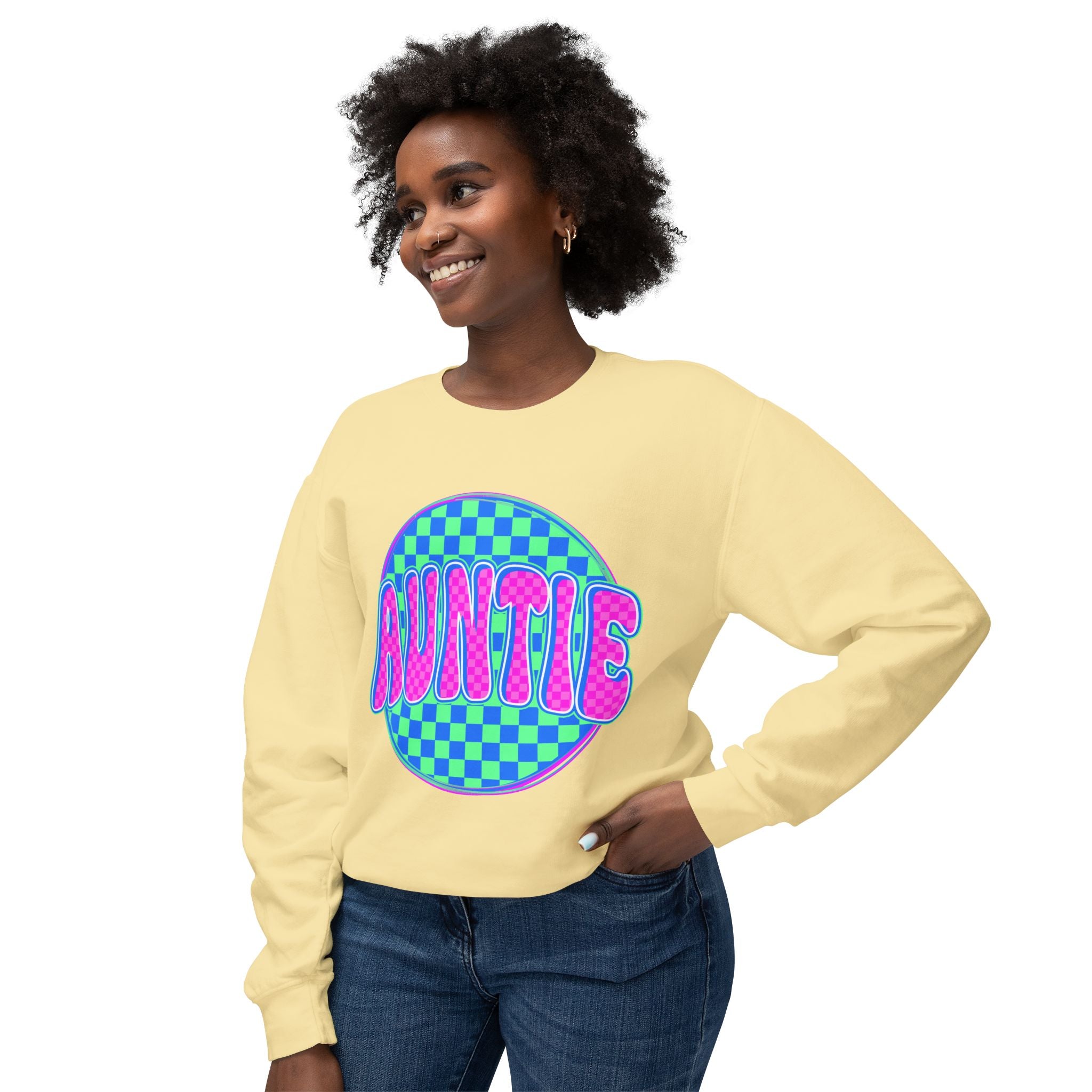 Auntie Graphic Sweatshirt — Retro Checkerboard Neon Design