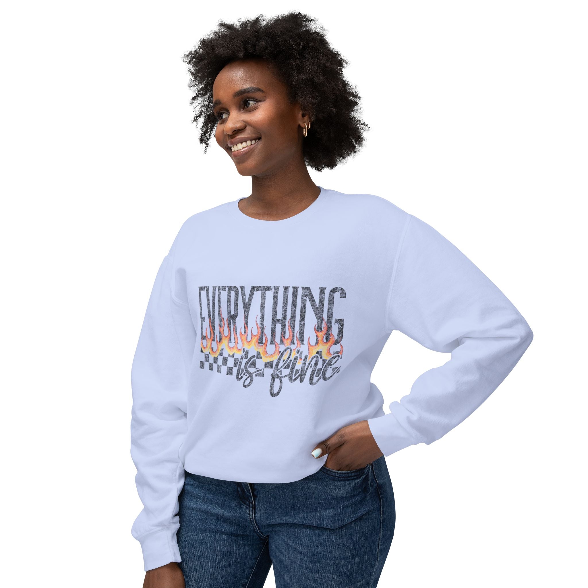 Everything Is Fine Crewneck Sweatshirt — Retro Flames & Checkered Graphic