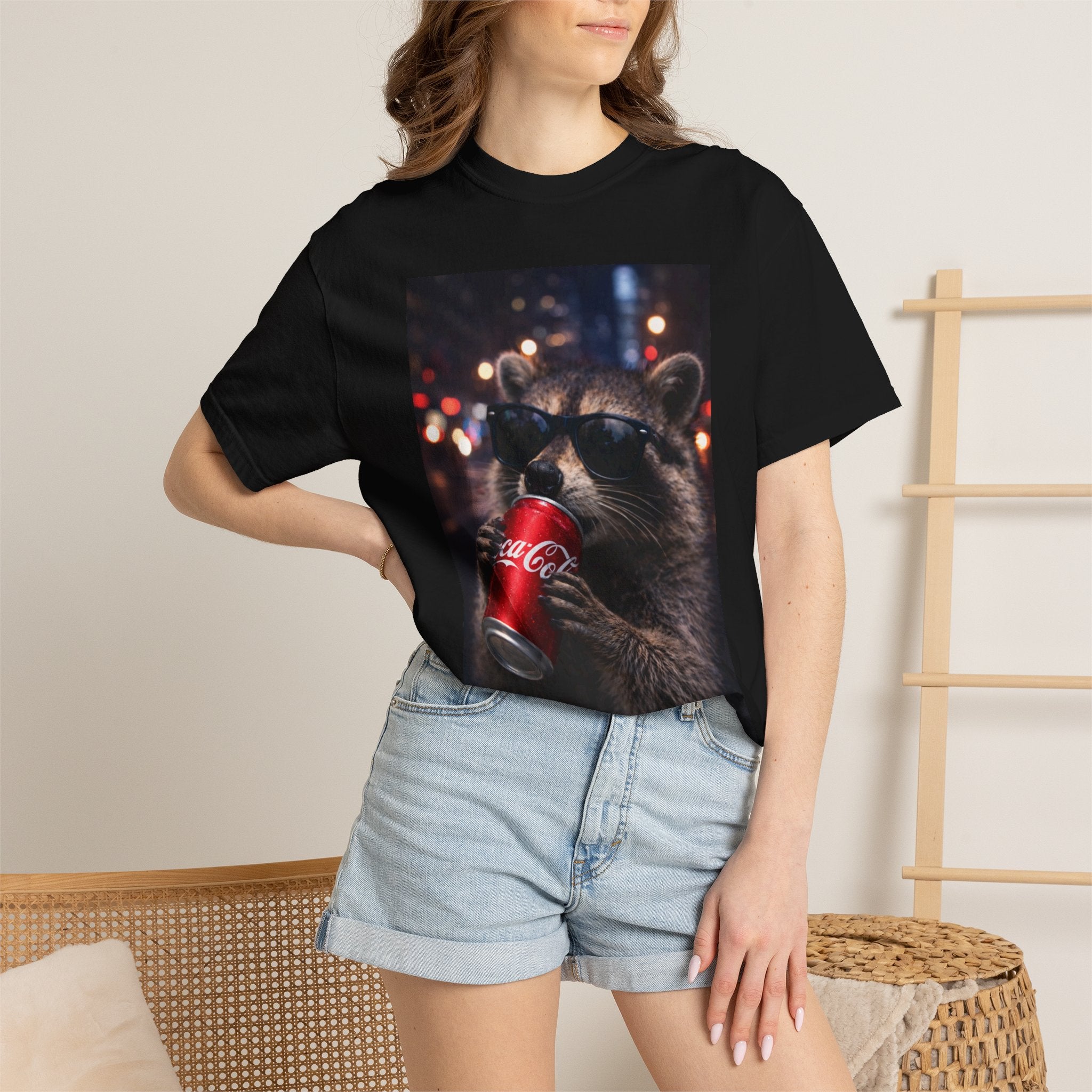 Raccoon Drinking Soda Photo T-Shirt — Funny Urban Wildlife Graphic Tee
