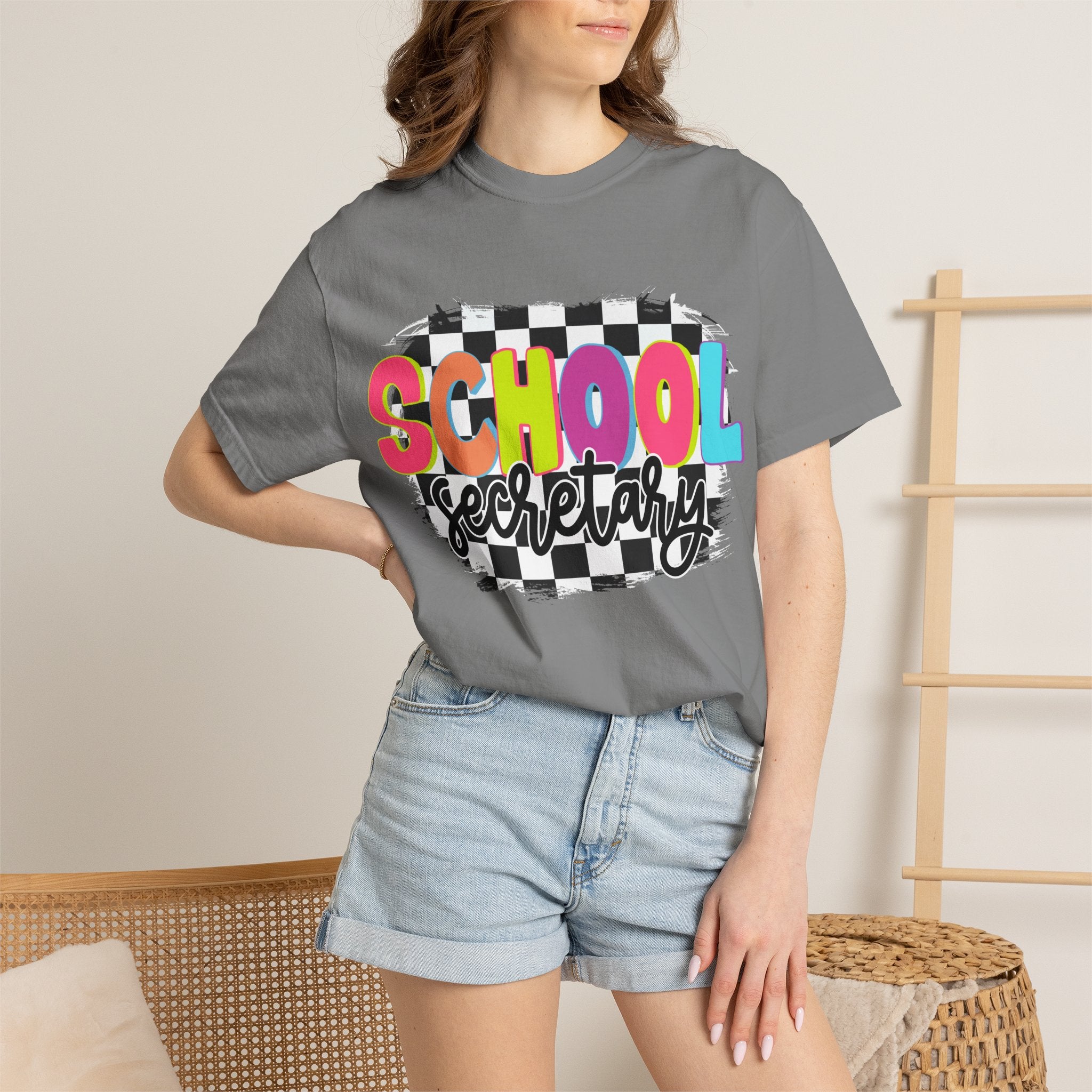 School Secretary T-Shirt — Retro Checkerboard Design