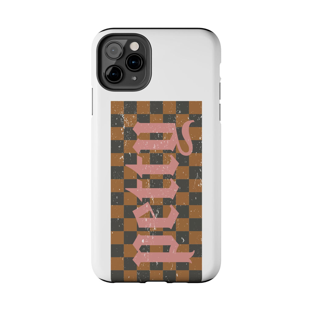 Checkerboard 'Tough' Retro Phone Case — Pink Gothic Text, Grunge Pattern