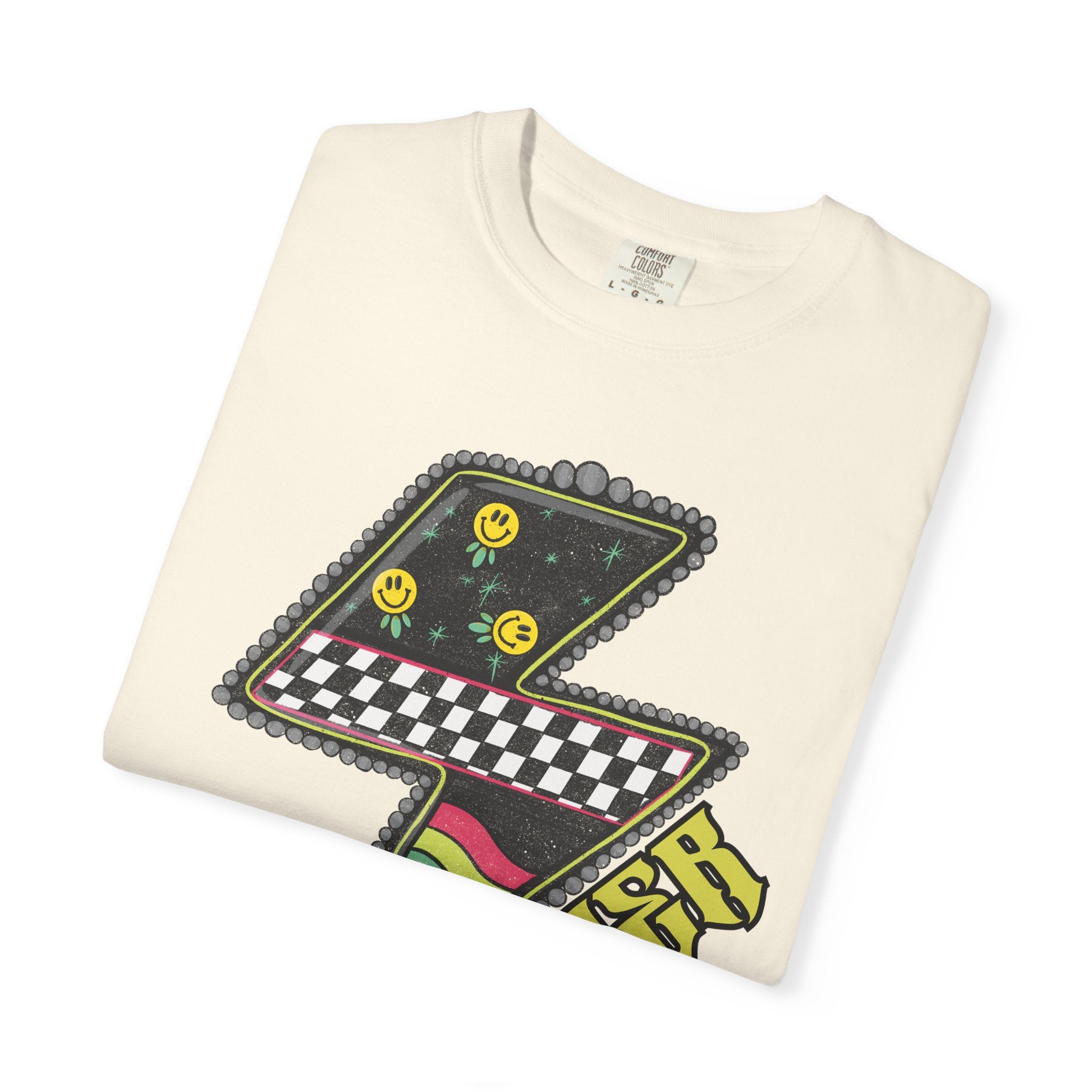 Lightning Bolt Graphic T‑Shirt — Retro Checker & 'Mother' Streetwear Tee