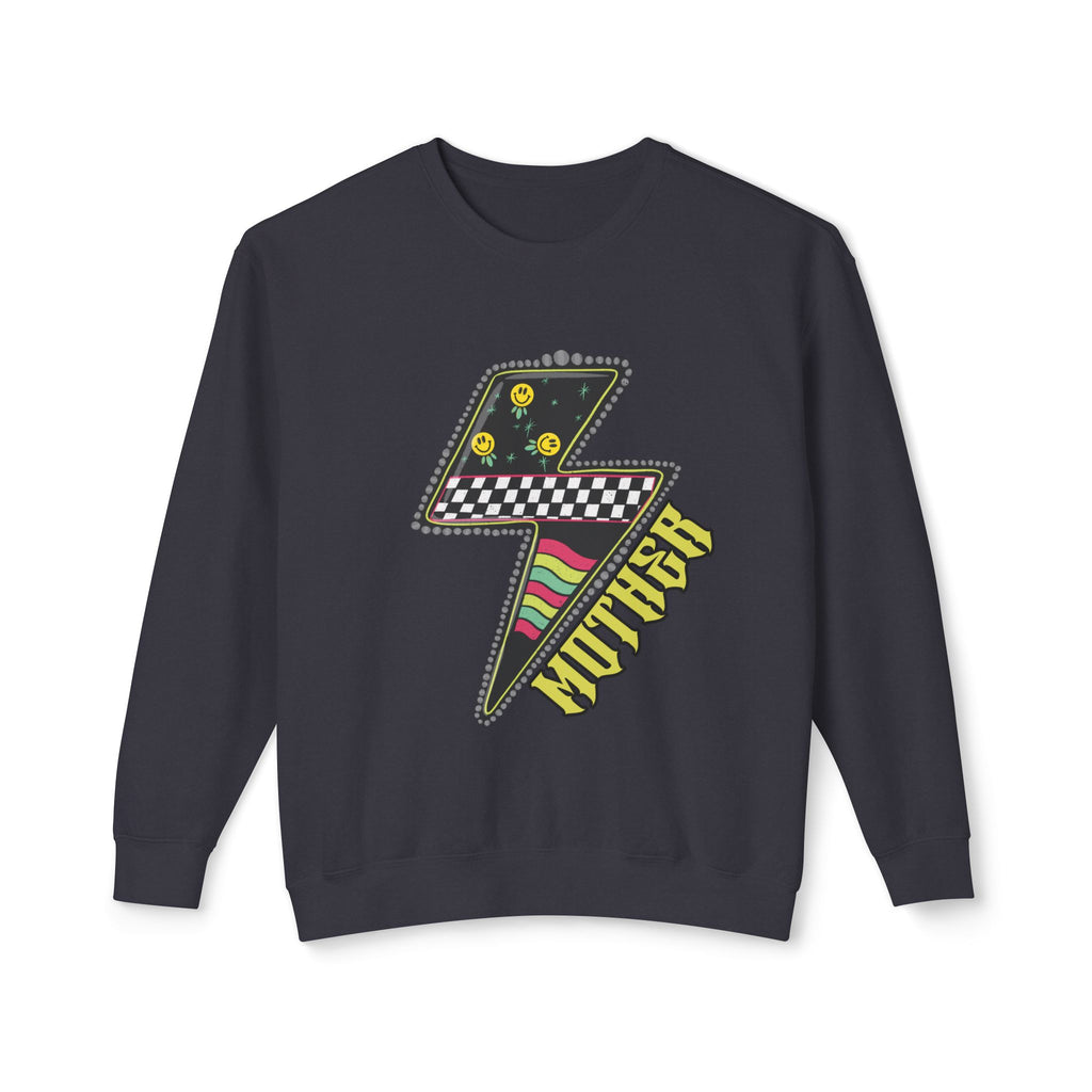 Lightning Bolt Graphic Sweatshirt — Retro Checkered & Neon Pattern Crewneck