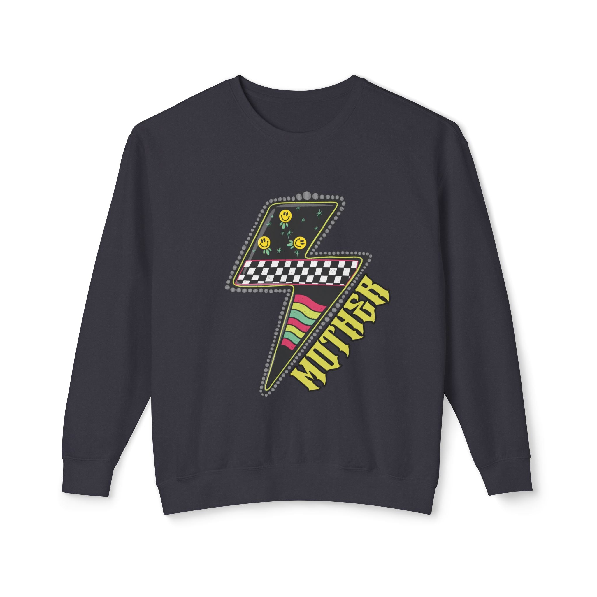Lightning Bolt Graphic Sweatshirt — Retro Checkered & Neon Pattern Crewneck