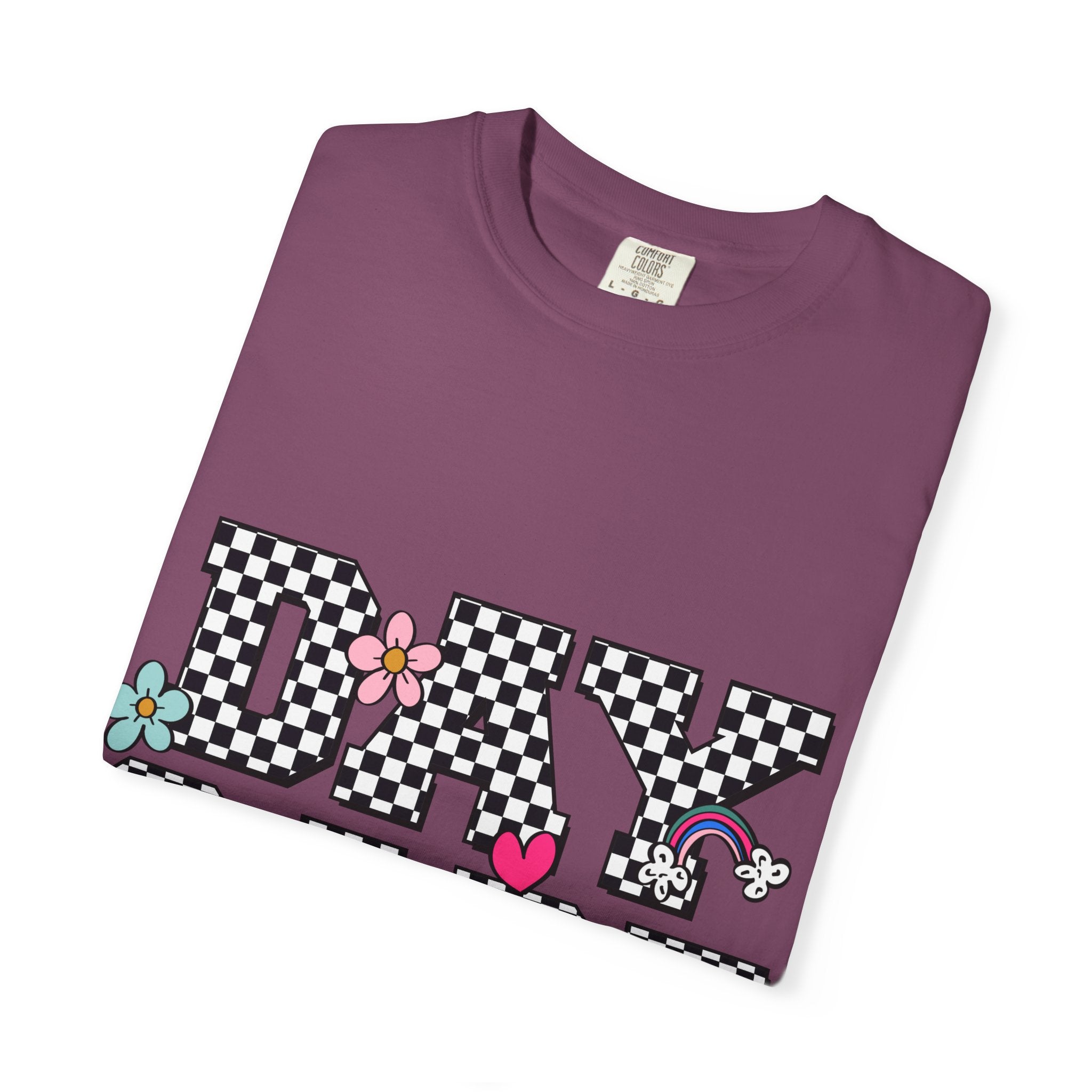 Day Care Checkerboard T‑Shirt — Playful Smiley & Floral Kids Graphic Tee