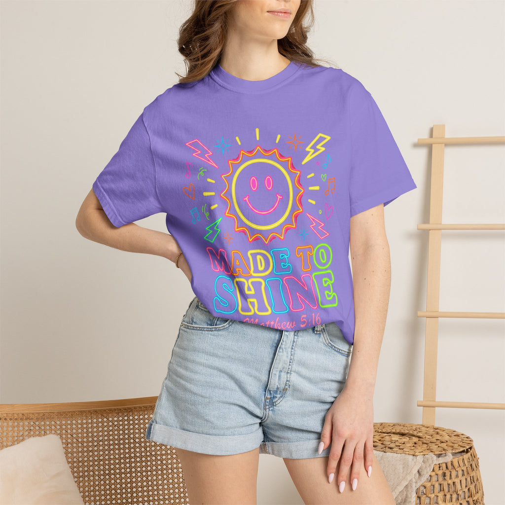 Made to Shine T‑Shirt — Pastel Smiley Sun Christian Graphic (Matthew 5:16)