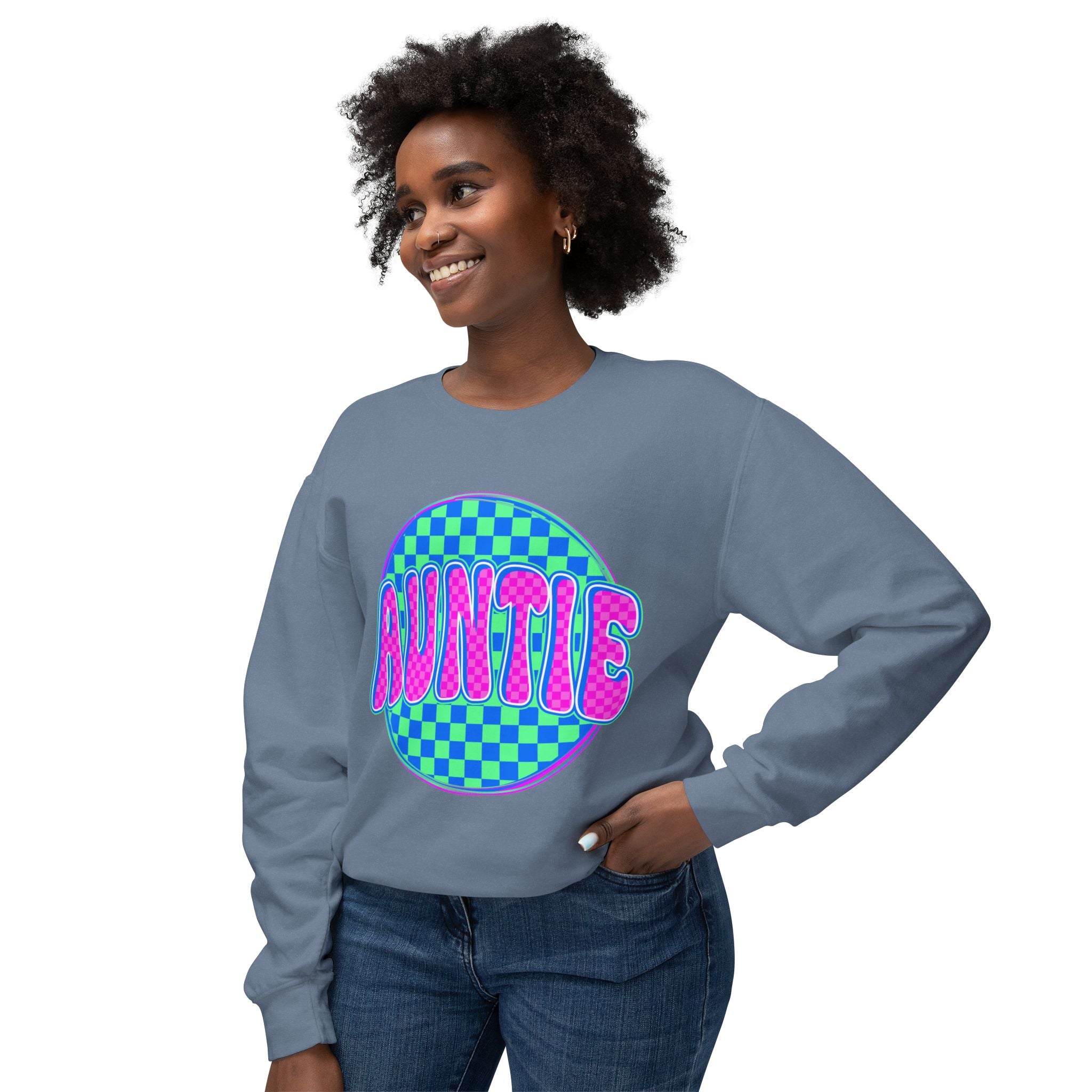Auntie Graphic Sweatshirt — Retro Checkerboard Neon Design