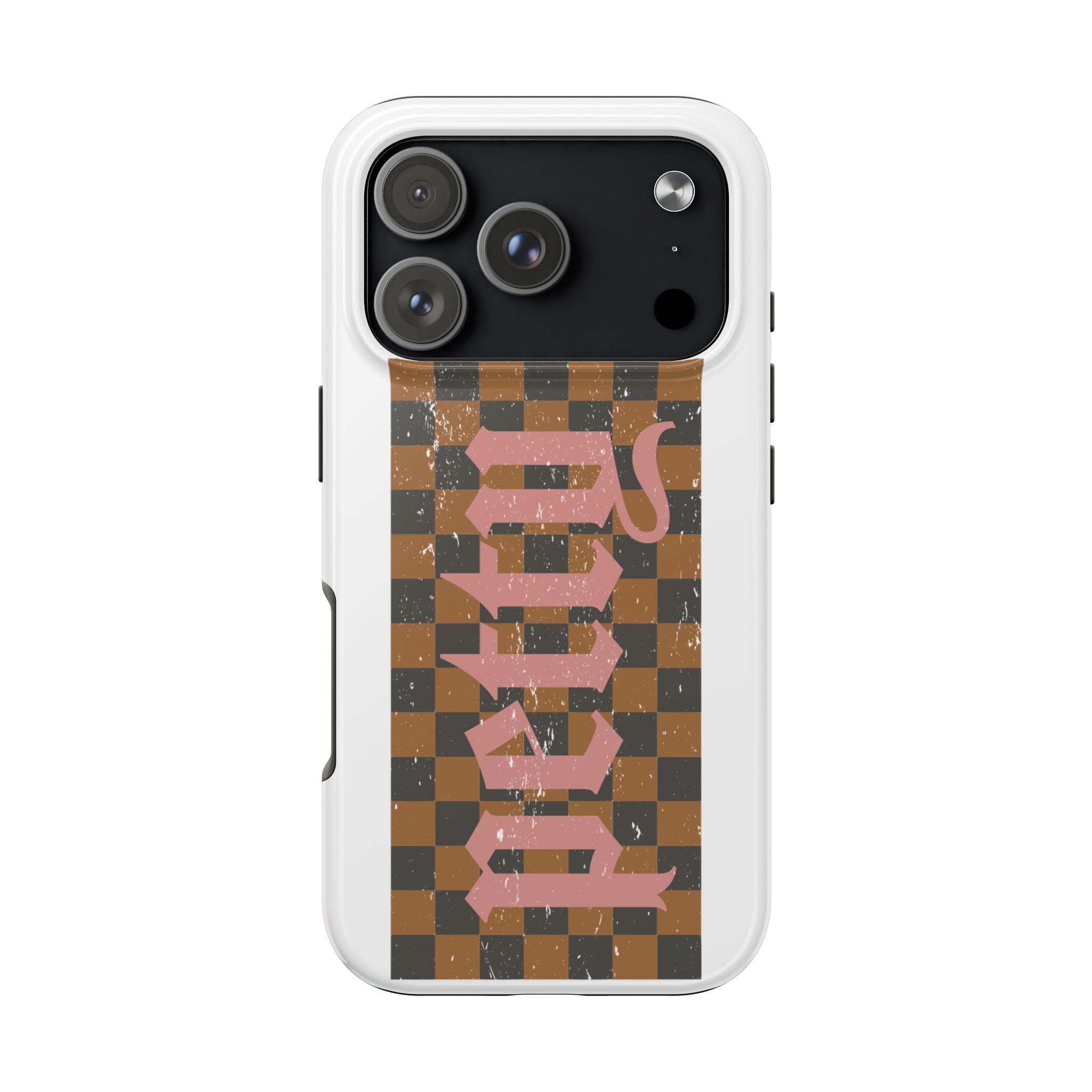 Checkerboard 'Tough' Retro Phone Case — Pink Gothic Text, Grunge Pattern
