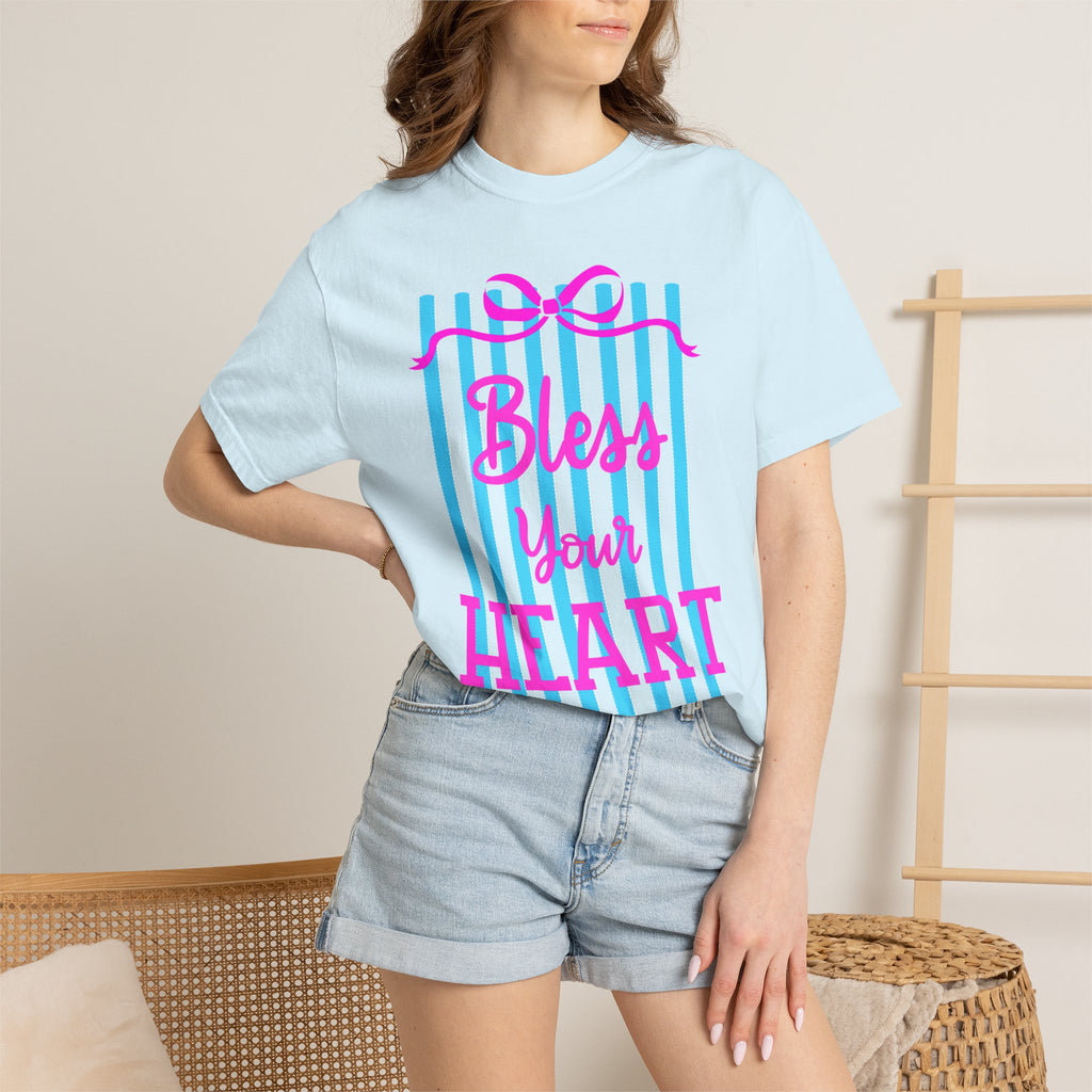 Bless Your Heart T-Shirt — Southern Phrase Graphic Tee (Pink & Blue Stripes)