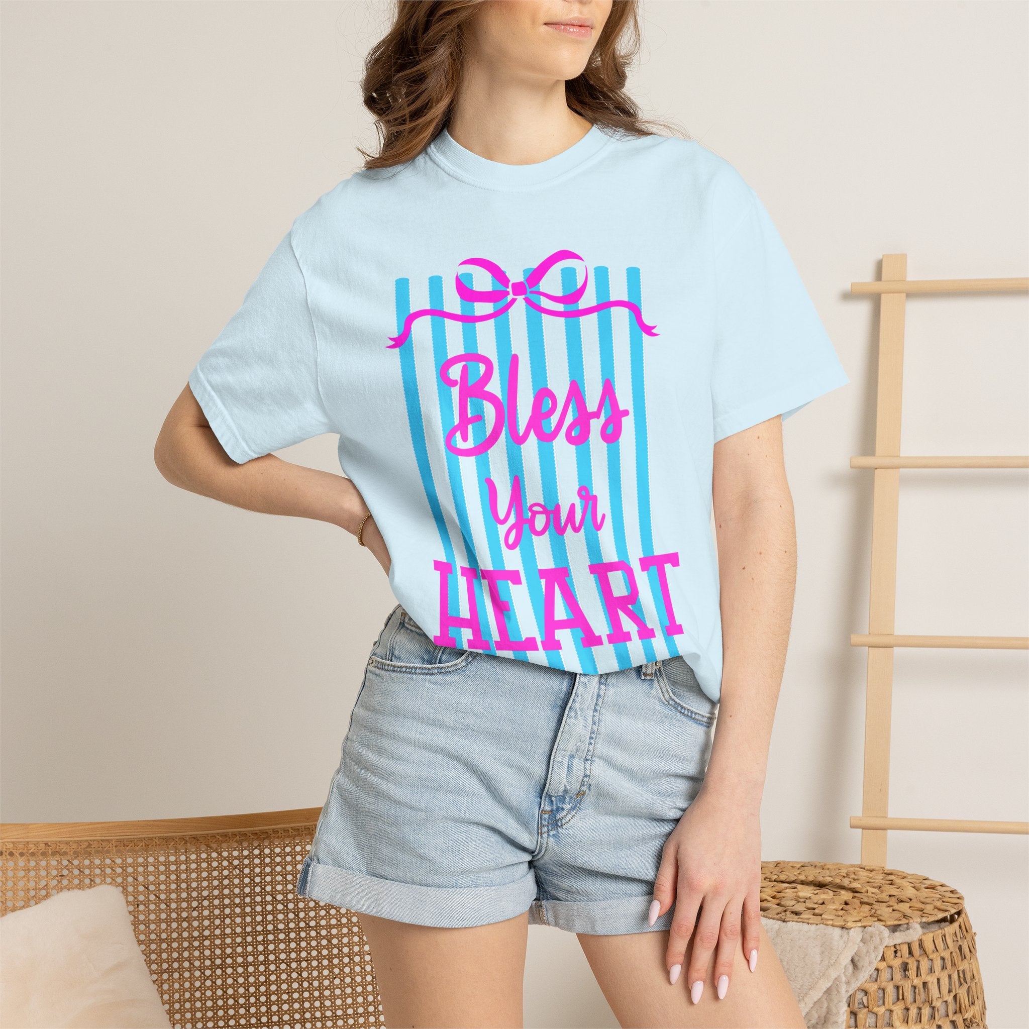 Bless Your Heart T-Shirt — Southern Phrase Graphic Tee (Pink & Blue Stripes)