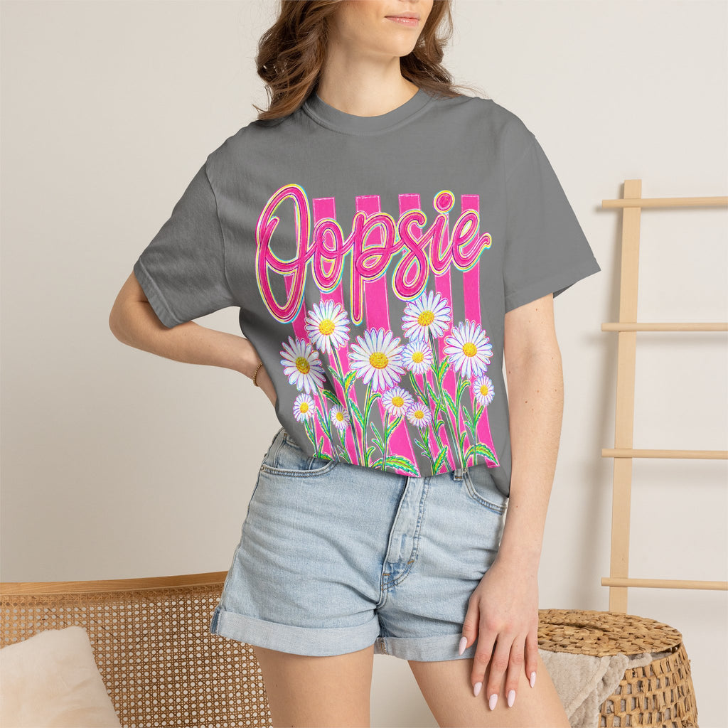 Oopsie Daisy T-Shirt — Retro Pink Stripes & Daisies Graphic Tee