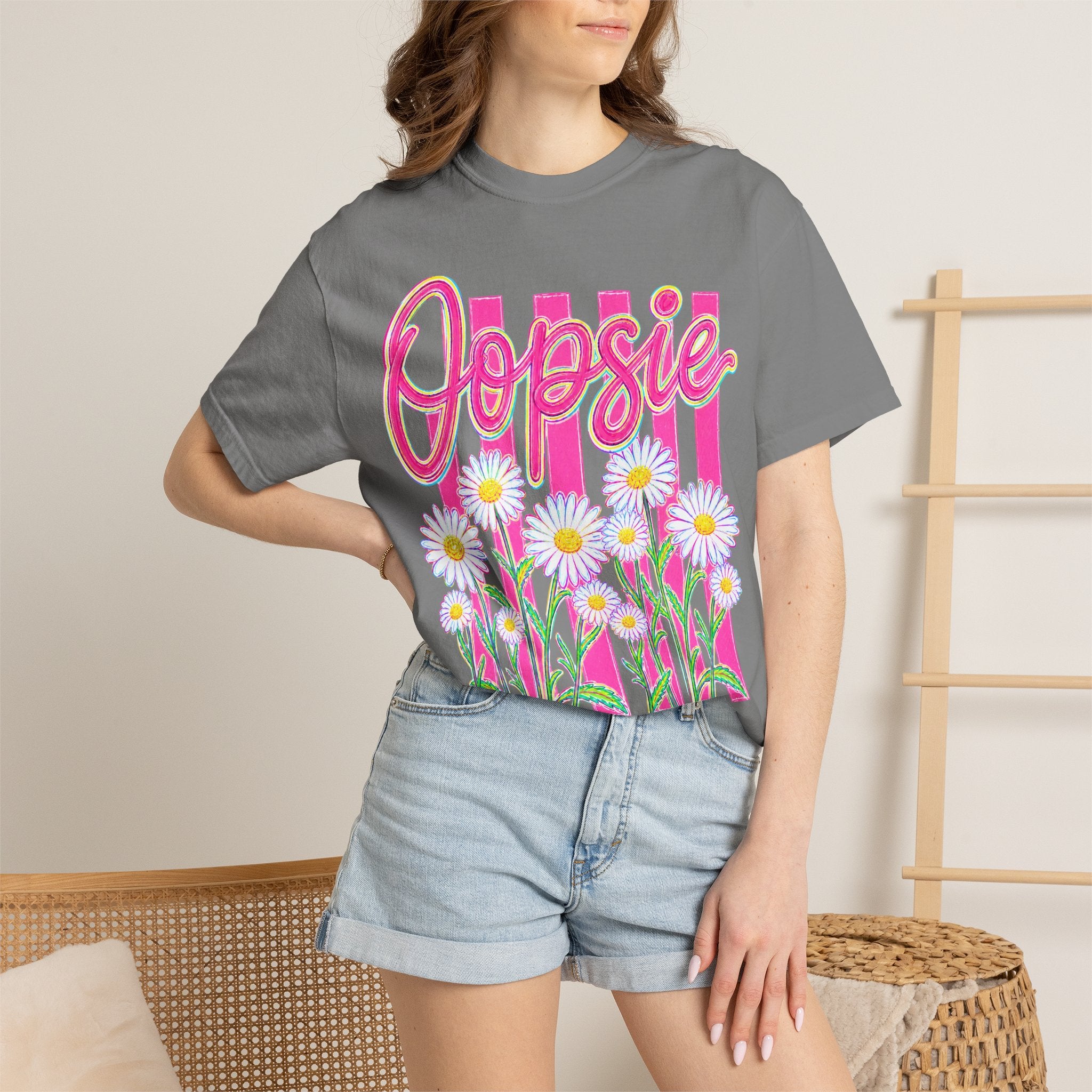 Oopsie Daisy T-Shirt — Retro Pink Stripes & Daisies Graphic Tee