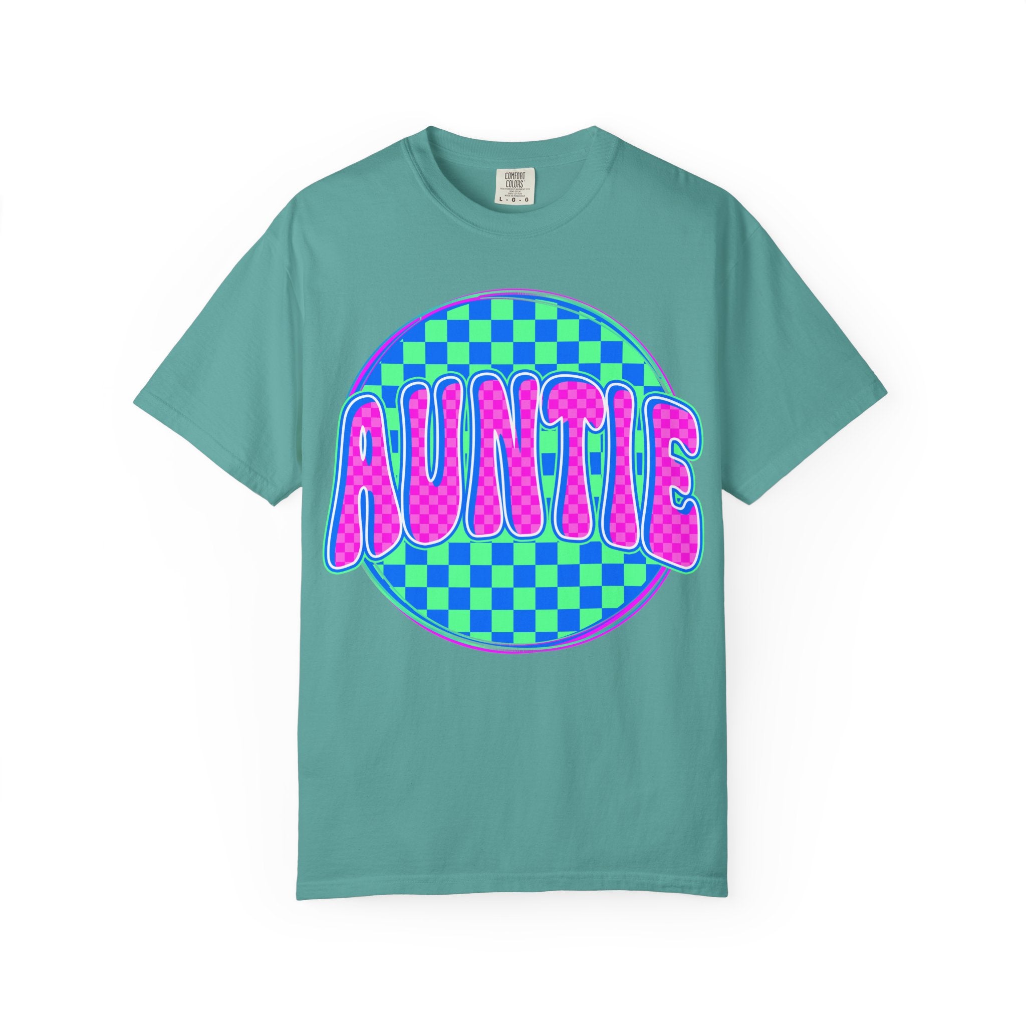 Auntie Checkerboard T-Shirt — Retro Neon 'AUNTIE' Graphic Tee