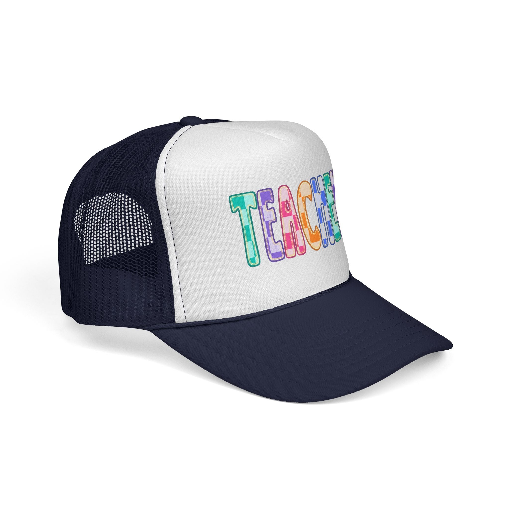 Teacher Trucker Hat — Colorful Patchwork Educator Cap