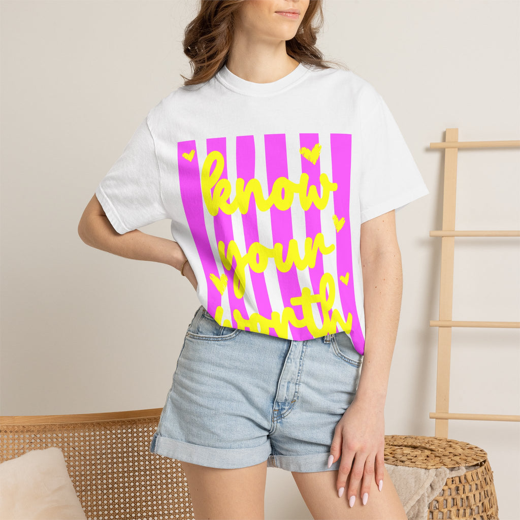Know Your Worth T-Shirt — Bright Pink Stripe Motivational Tee