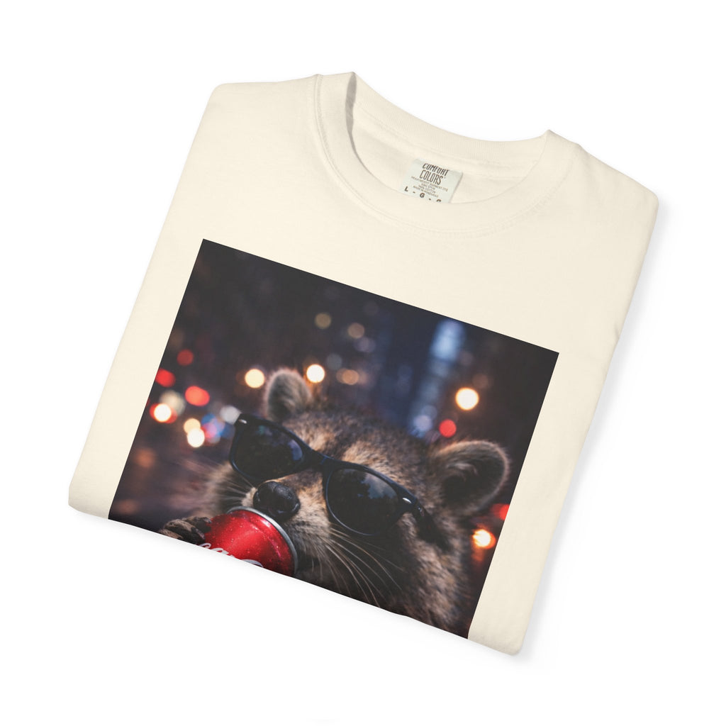Raccoon Drinking Soda Photo T-Shirt — Funny Urban Wildlife Graphic Tee