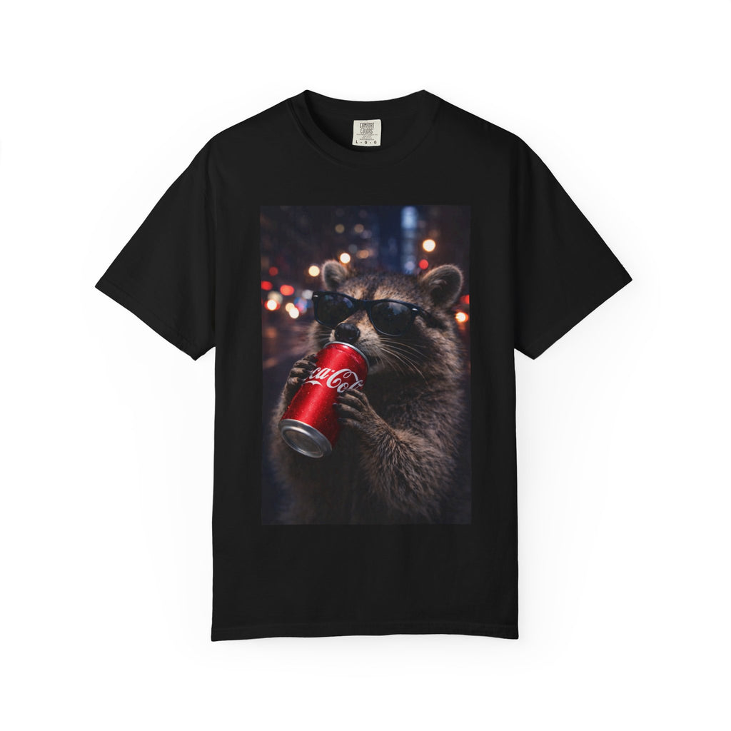 Raccoon Drinking Soda Photo T-Shirt — Funny Urban Wildlife Graphic Tee