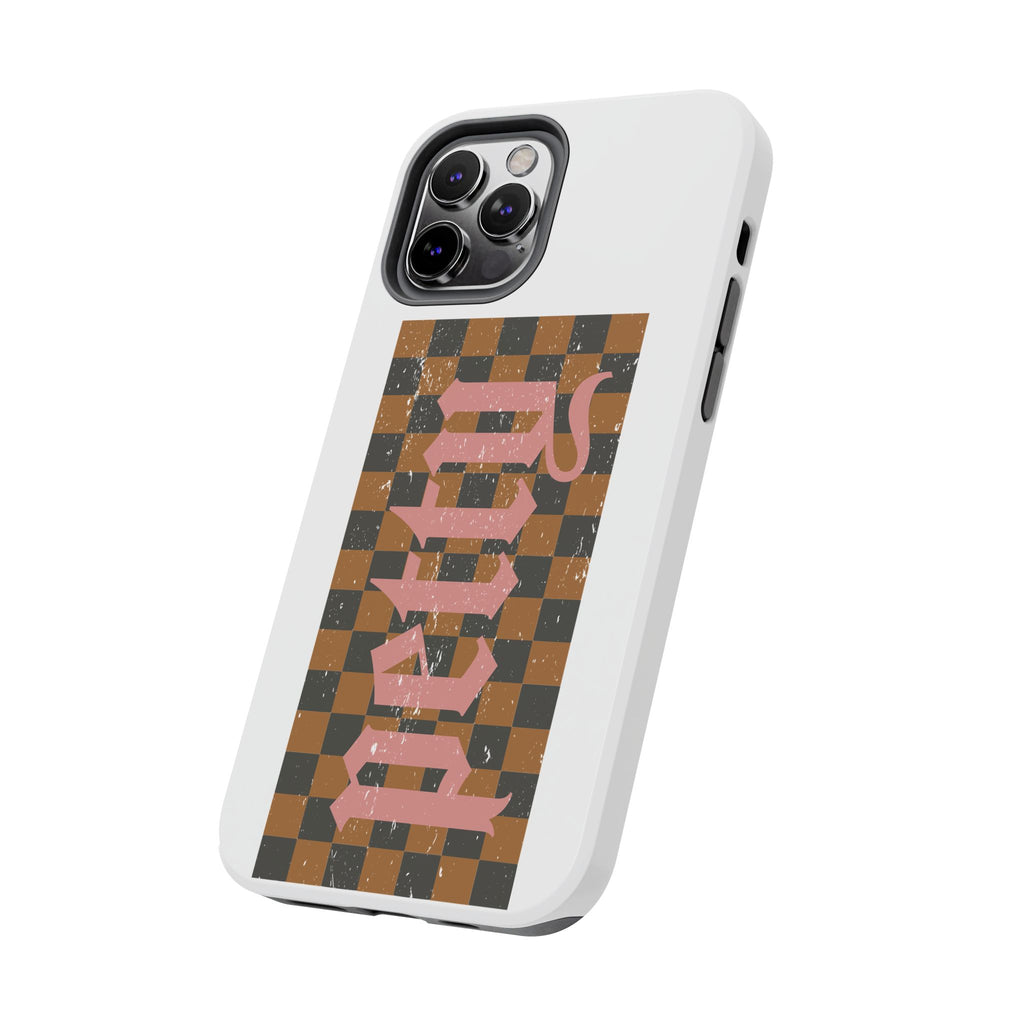 Checkerboard 'Tough' Retro Phone Case — Pink Gothic Text, Grunge Pattern