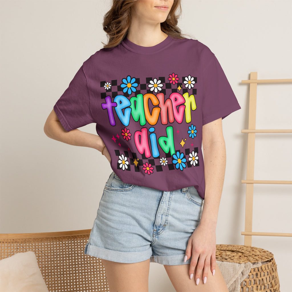 Teacher Aid T-Shirt — Colorful Retro Flower Checkerboard Design