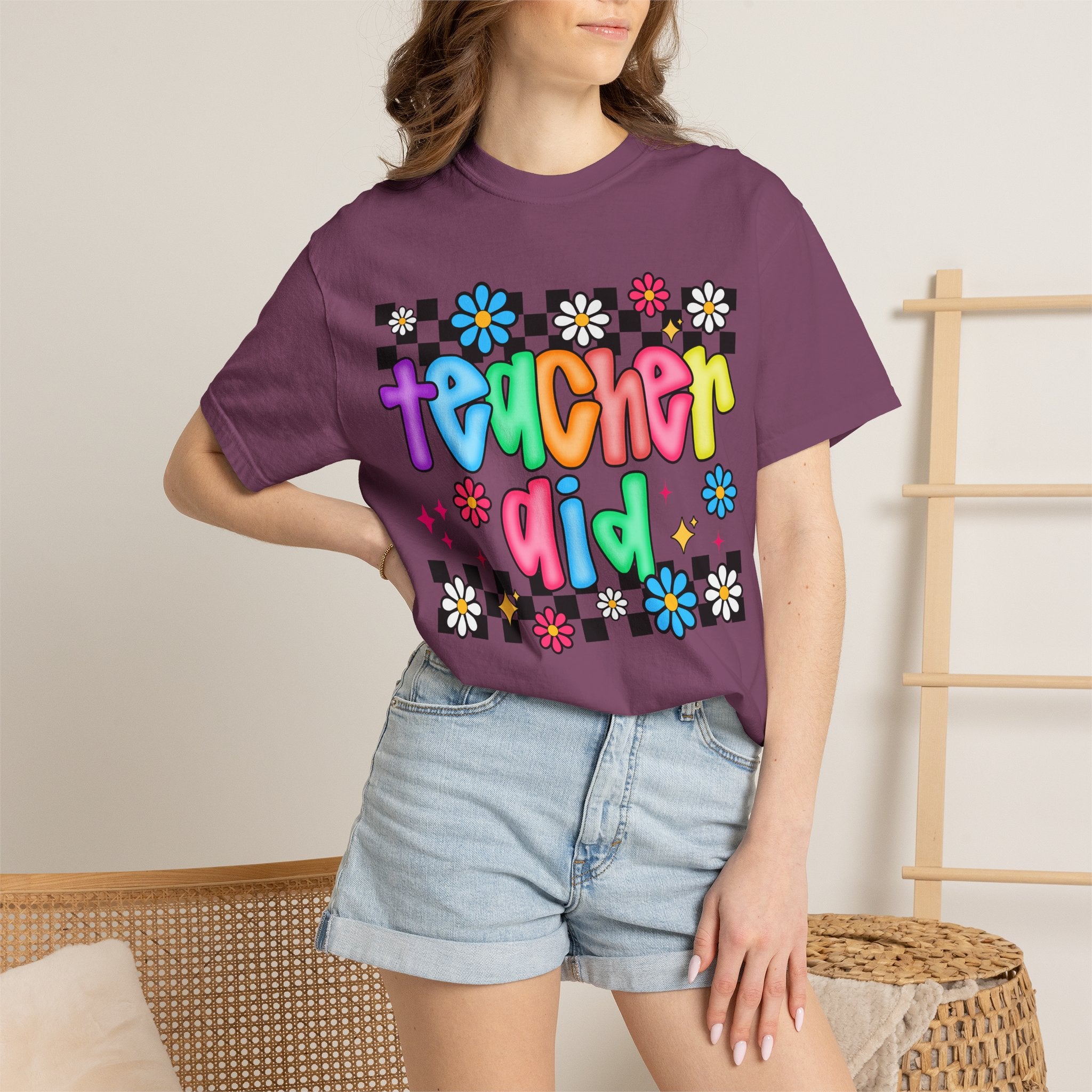 Teacher Aid T-Shirt — Colorful Retro Flower Checkerboard Design