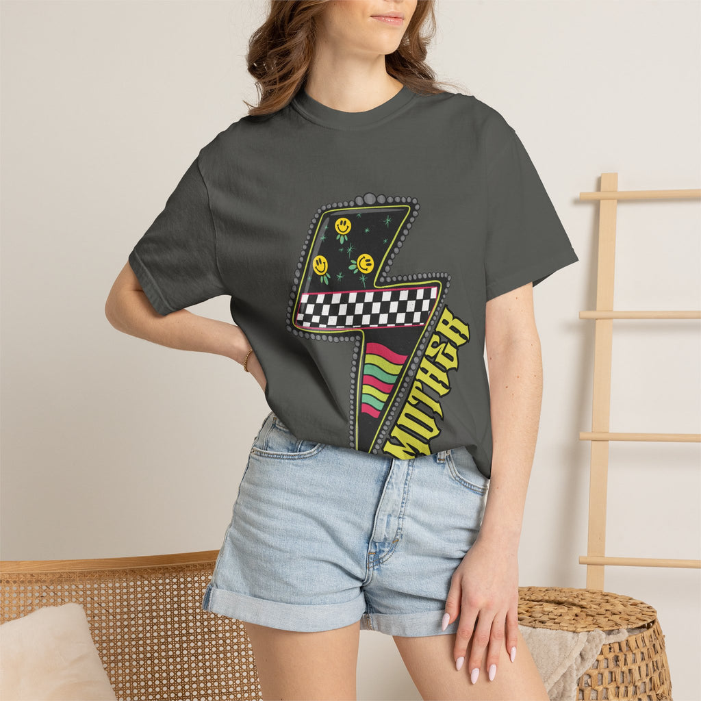 Lightning Bolt Graphic T‑Shirt — Retro Checker & Neon Stripe Design
