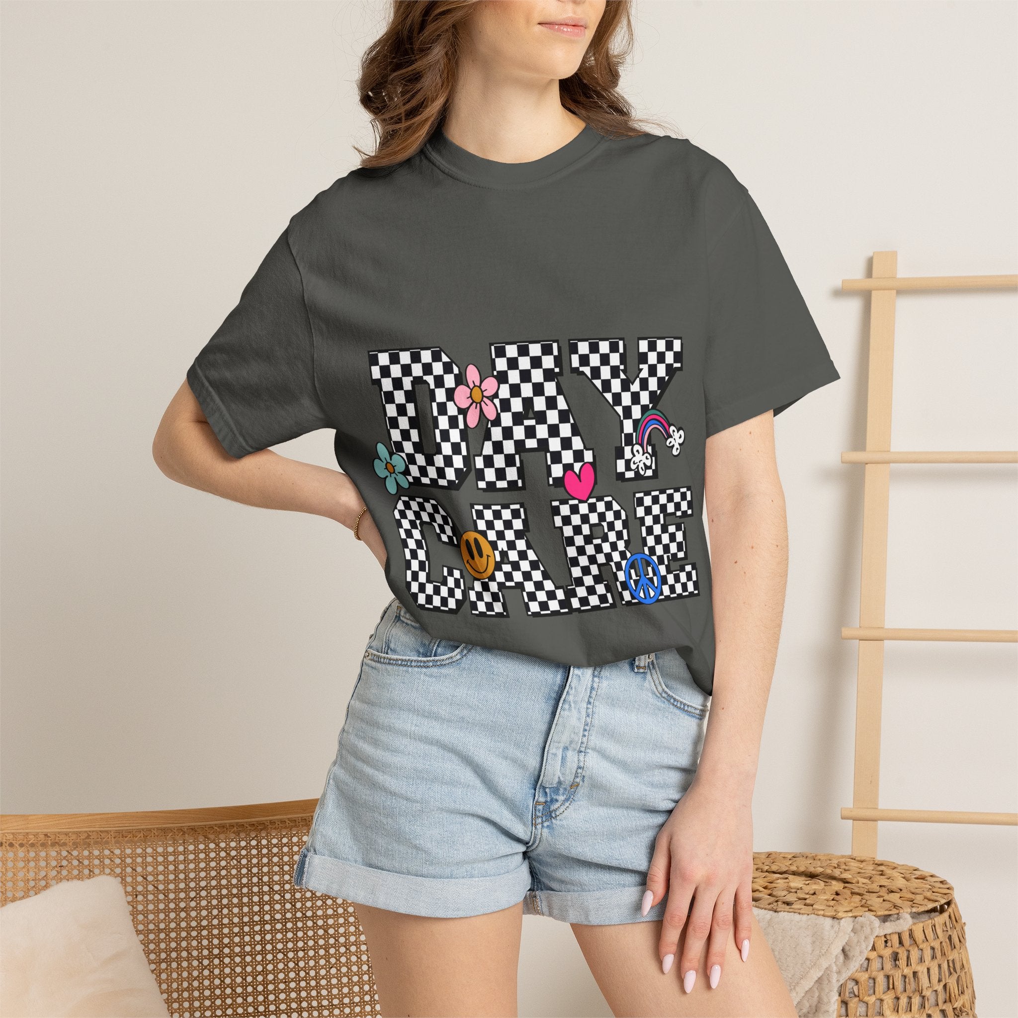 Day Care Checkerboard T‑Shirt — Playful Smiley & Floral Kids Graphic Tee