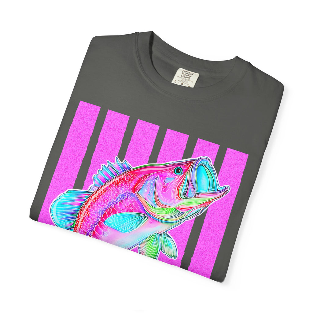 Neon Bass Fish T-Shirt — Retro Pink Stripe Fishing Tee