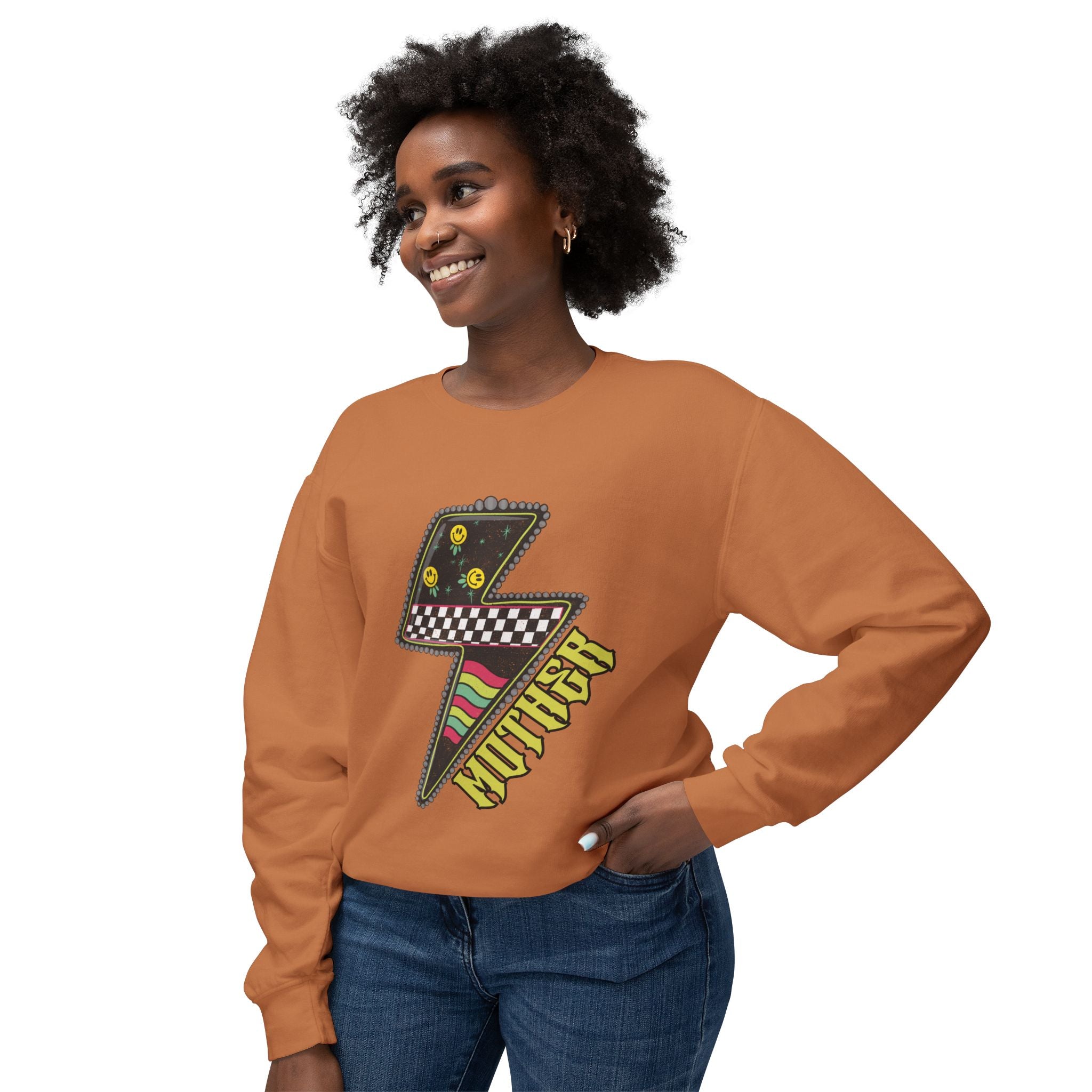 Lightning Bolt Graphic Sweatshirt — Retro Checkered & Neon Pattern Crewneck