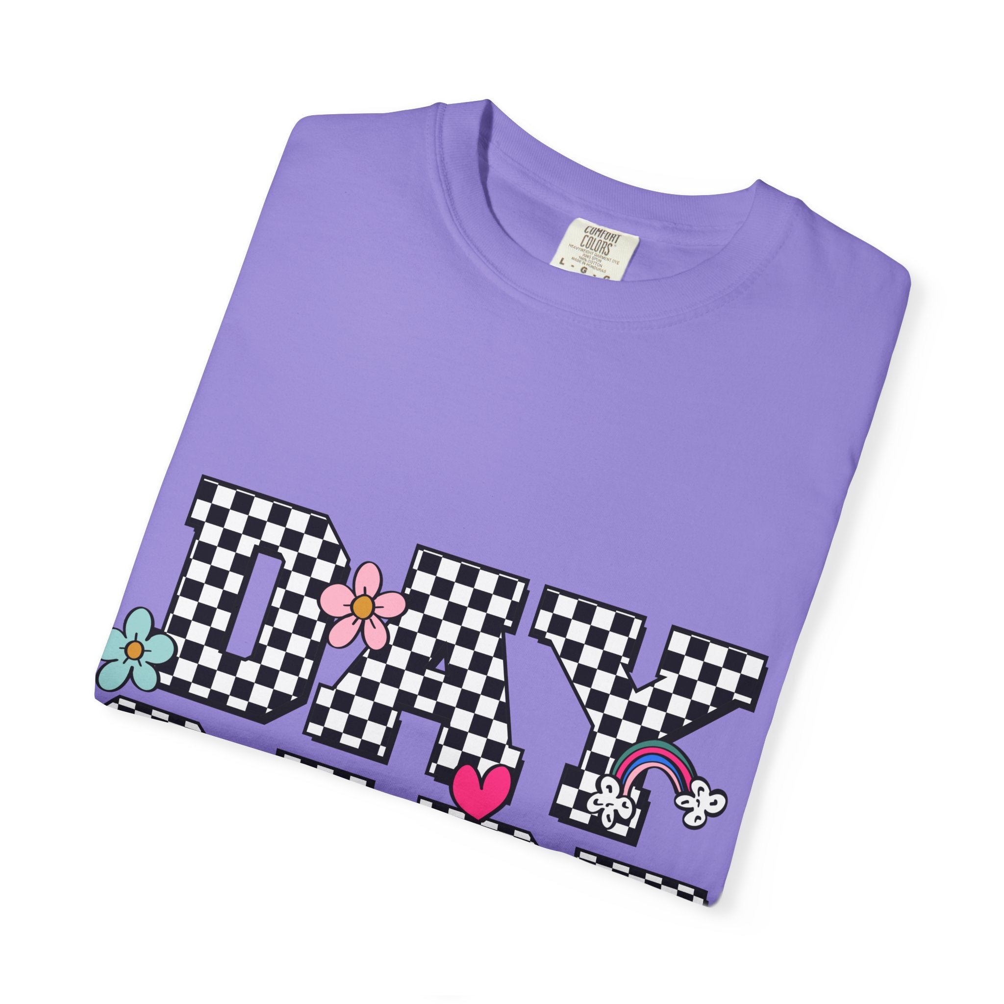 Day Care Checkerboard T‑Shirt — Playful Smiley & Floral Kids Graphic Tee