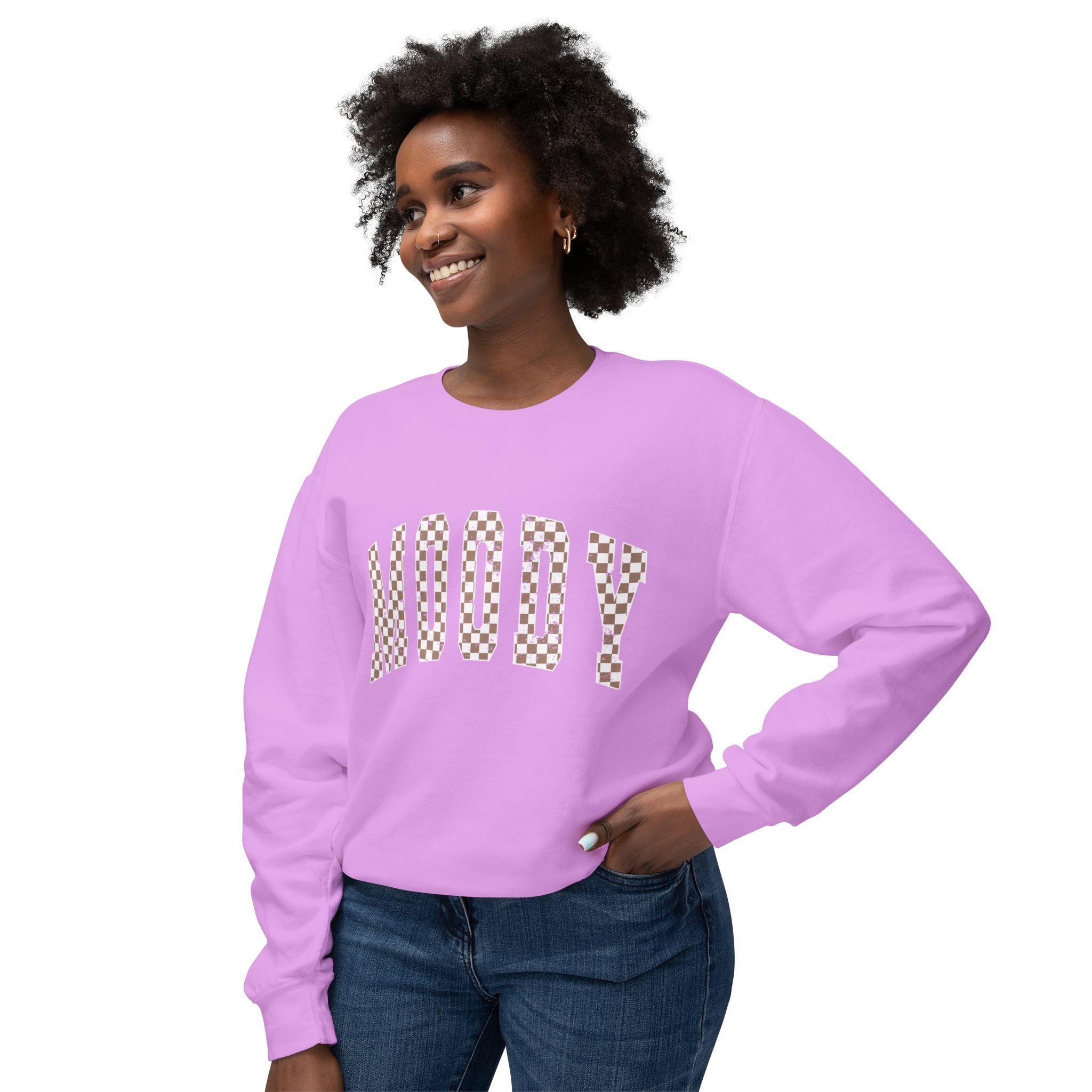 Woody Checkerboard Crewneck Sweatshirt — Peach Graphic Pullover